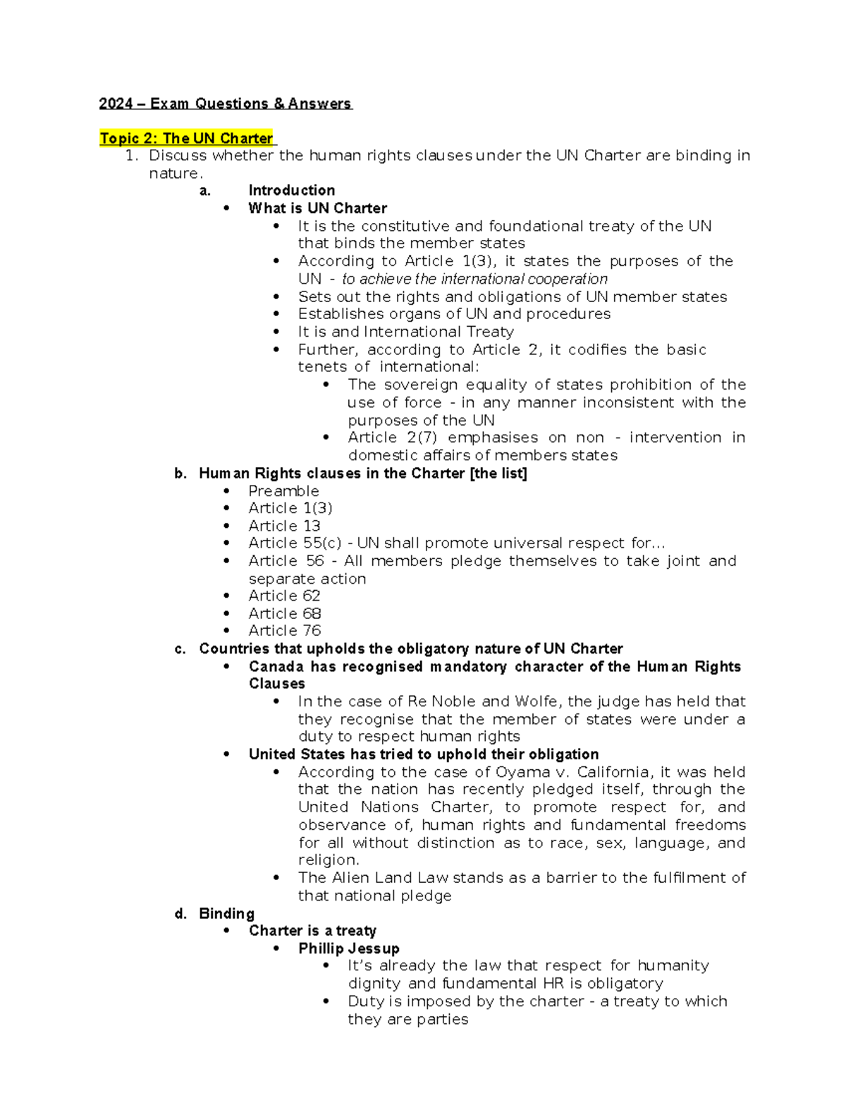 IHRL - Exam Questions on UN Charter Human Rights Clauses - Studocu
