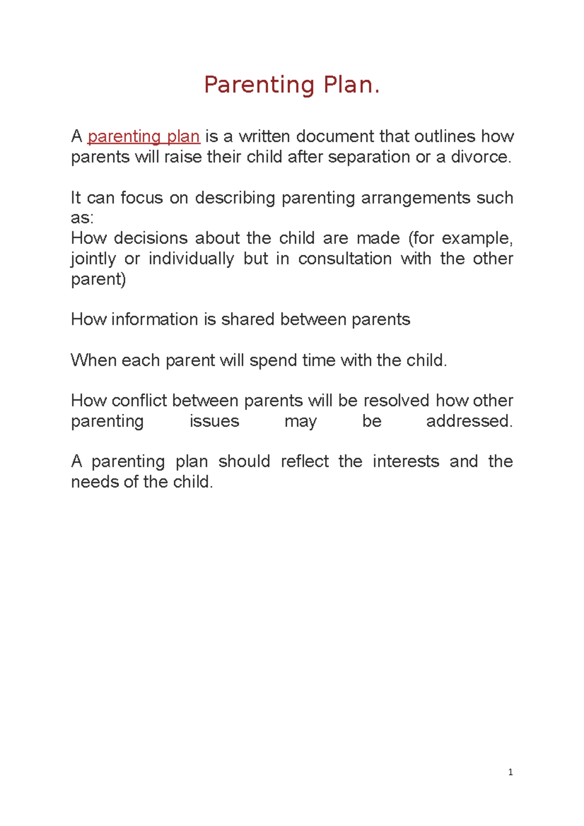 Parenting Plan Guidelines After Separation or Divorce: Key Notes - Studocu