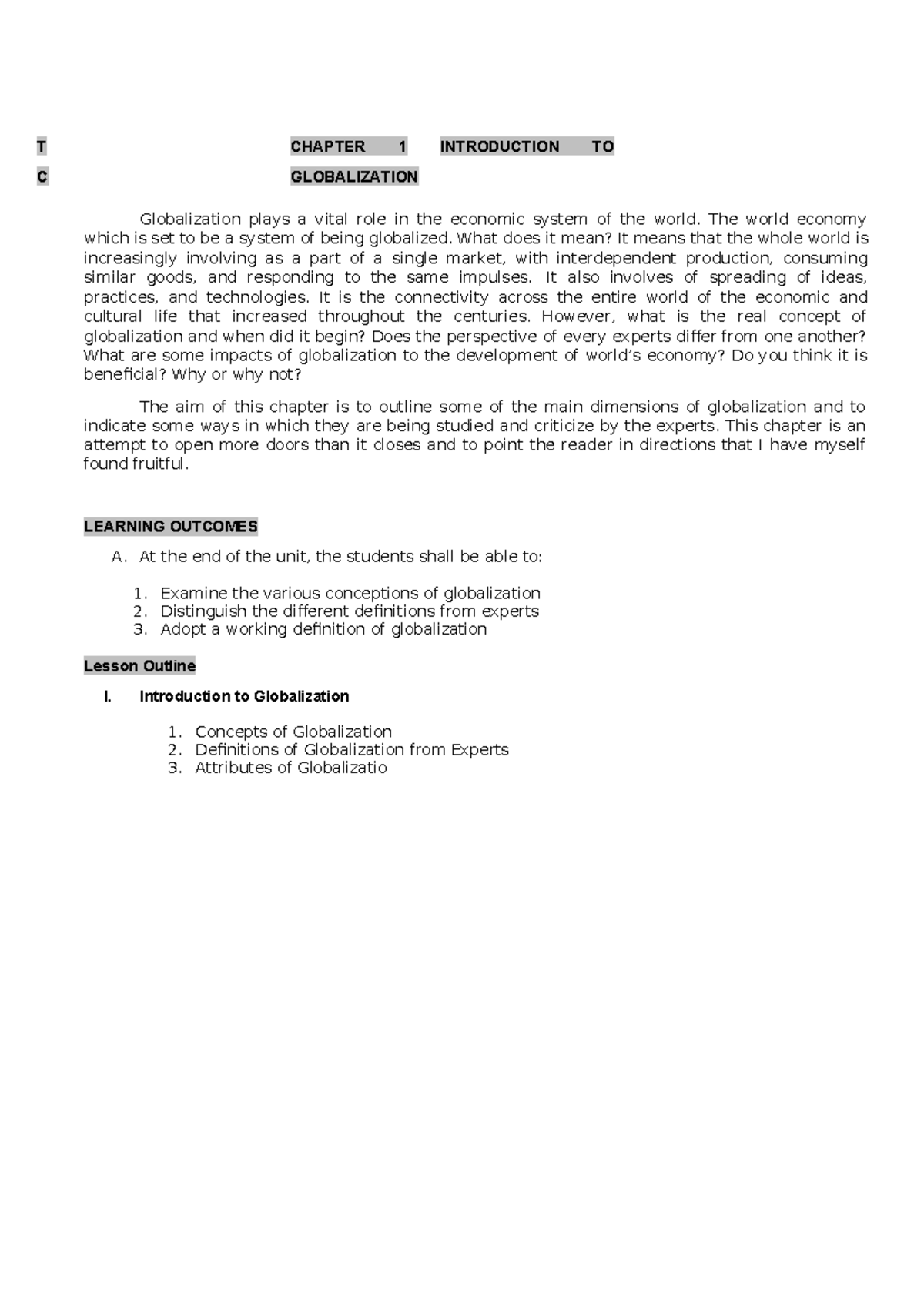 T CHAPTER 1 C GLOBALIZATION: AN INTRODUCTION TO GLOBAL ECONOMY - Studocu