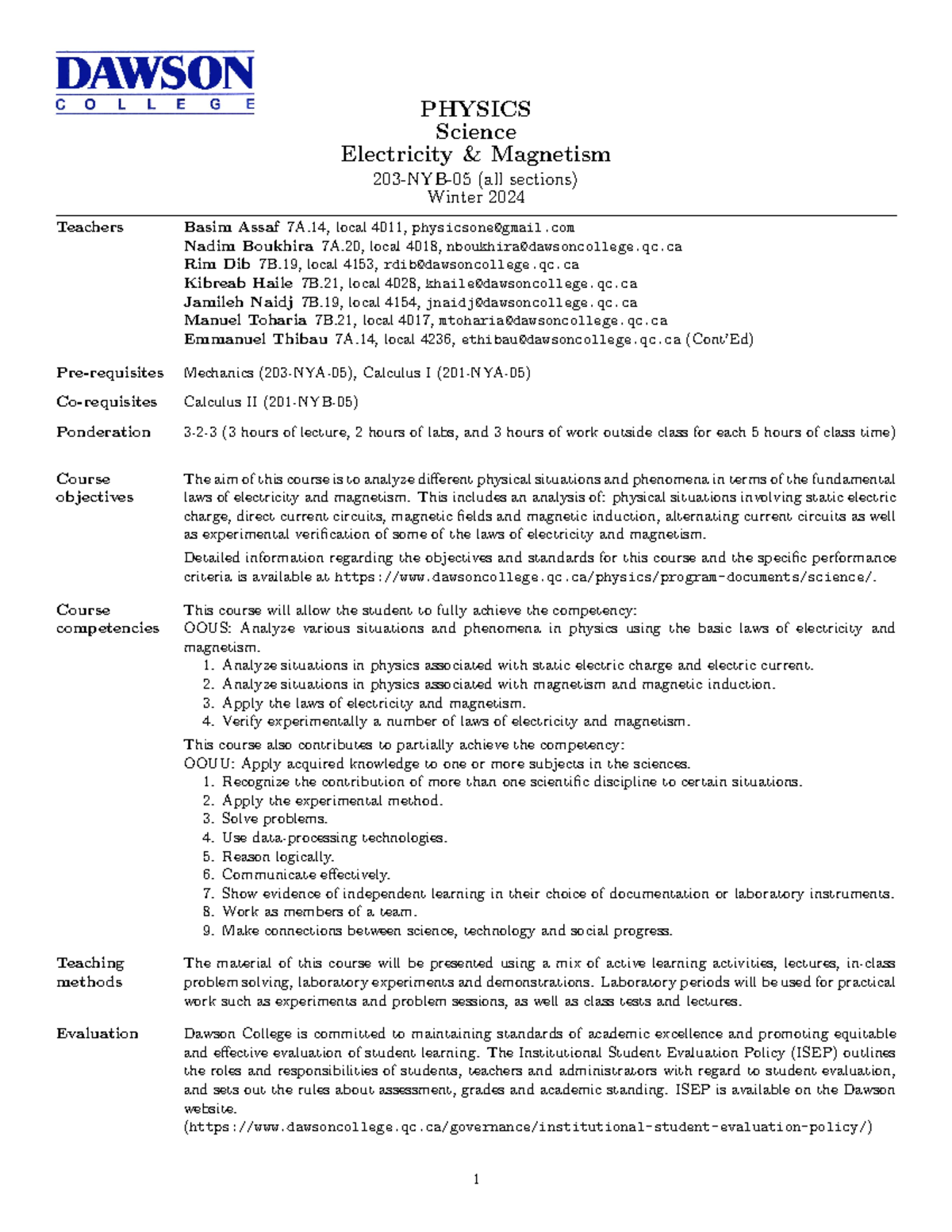 Course Outline - Electricity and Magnetism - PHYS 203-NYB-05 - Winter ...