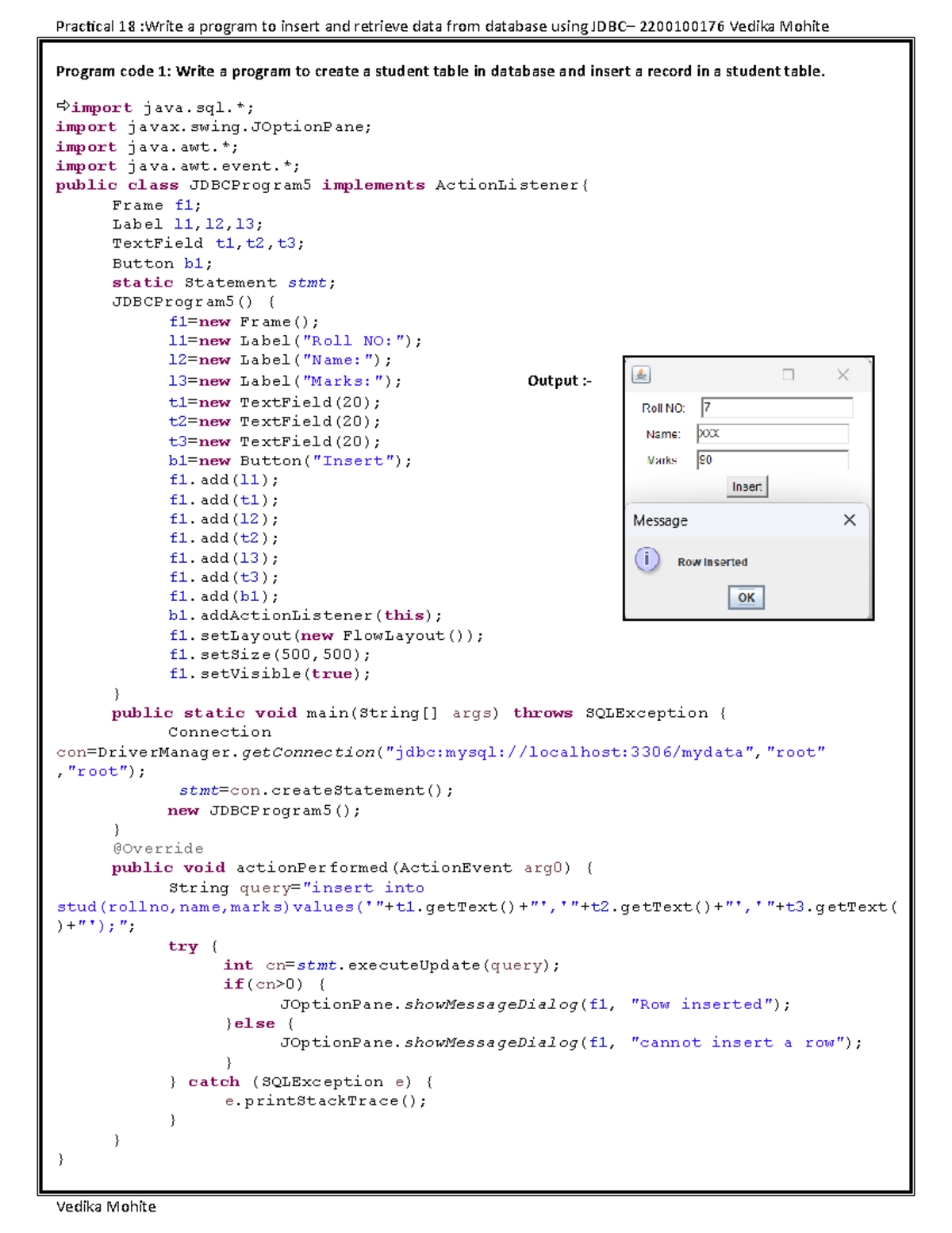 AJP Practical 18: JDBC Programs for Student Database Operations - Studocu
