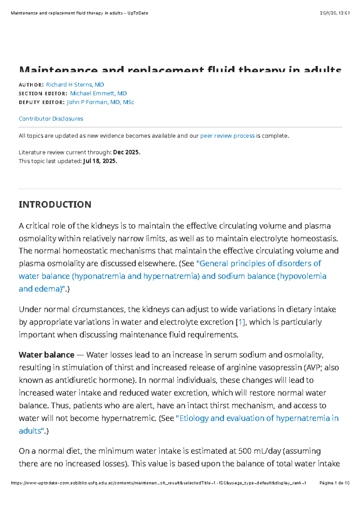 Maintenance and Replacement Fluid Therapy in Adults: UpToDate Review ...