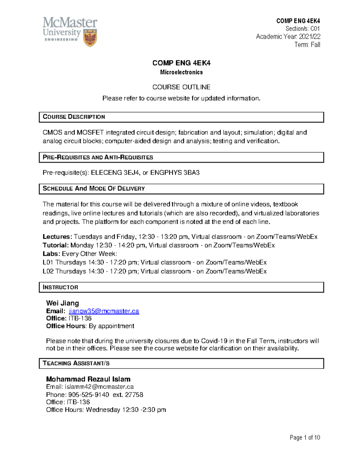 COMP ENG 4EK Course Outline - Microelectronics Fall 2021-22 - Studocu