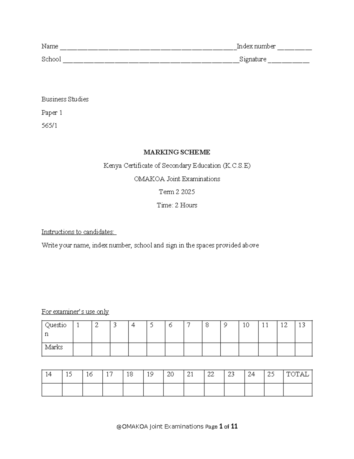 KCSE Business Studies Paper 1 Marking Scheme - Omakoa Joint Exams 2025 ...