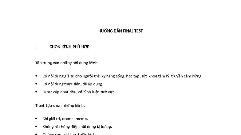 HƯỚNG DẪN FINAL TEST I: CHỌN KÊNH PHÙ HỢP VÀ KẾ HOẠCH NỘI DUNG - Studocu