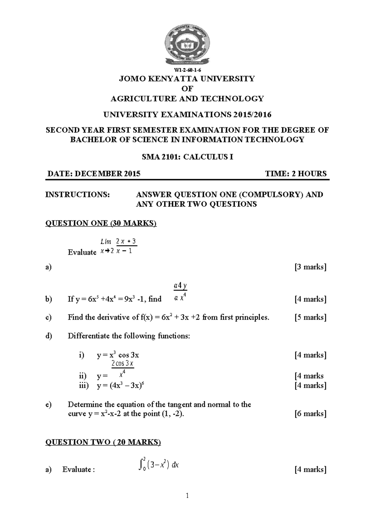 SMA 2101: Calculus I Exam Notes for IT Students - Studocu