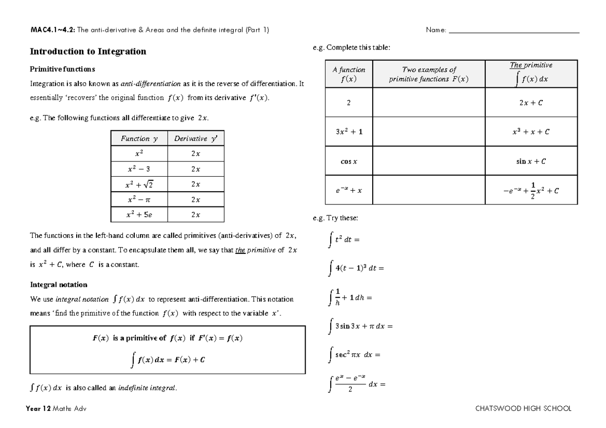 Year 12 Maths Adv: Integration and the Definite Integral (Part 1) - Studocu
