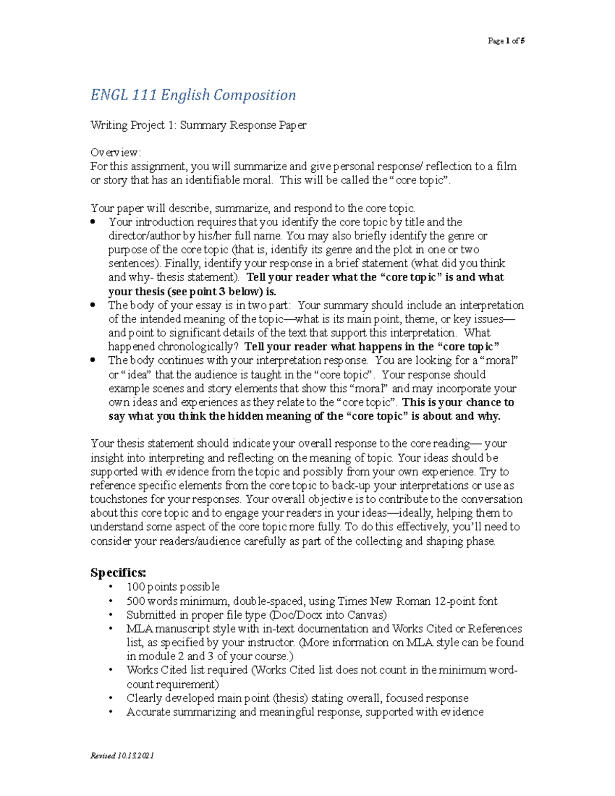 ENGL 111 Writing Project 1: Summary Response Paper Guidelines F2021 ...