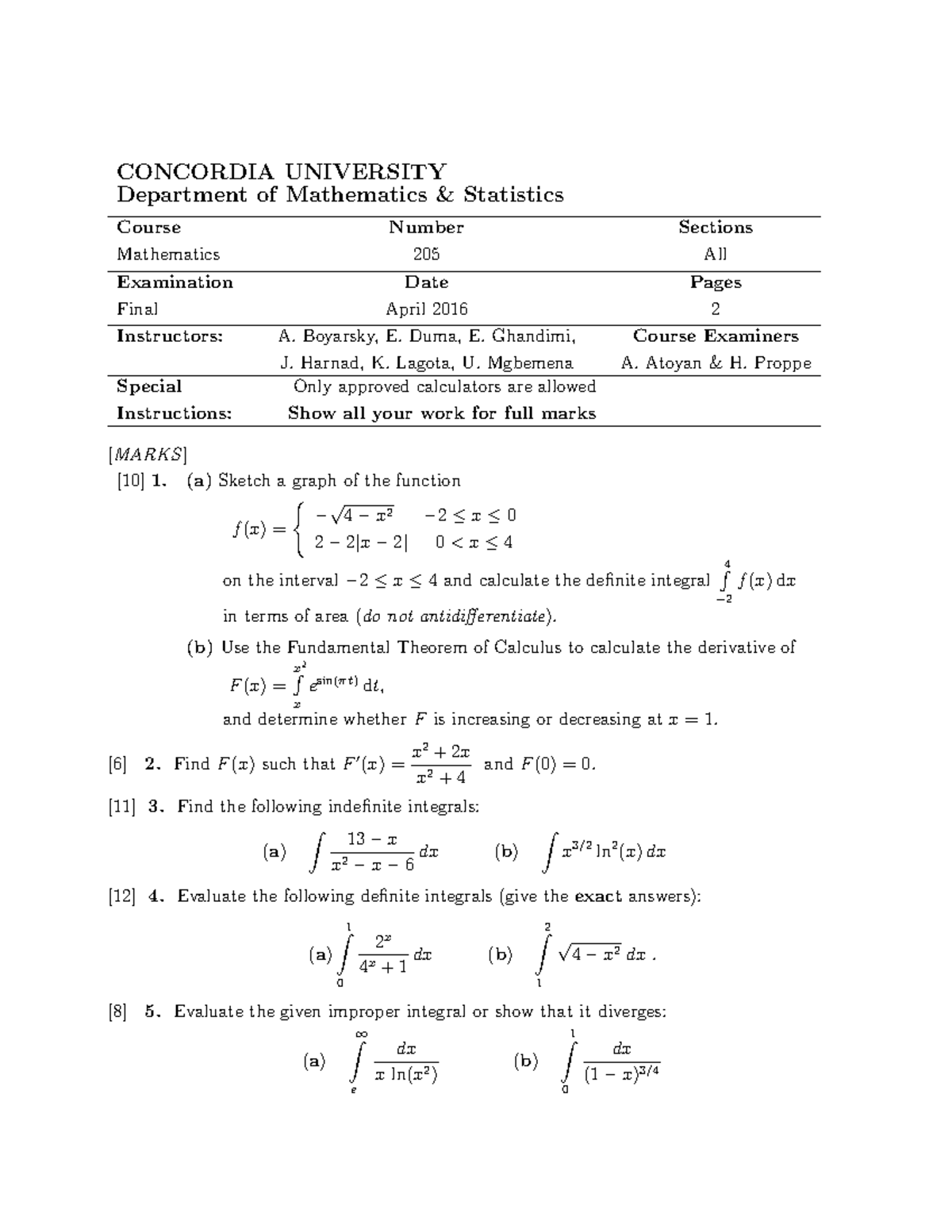MATH 205 Final Exam - April 2016 - CONCORDIA UNIVERSITY Department of ...
