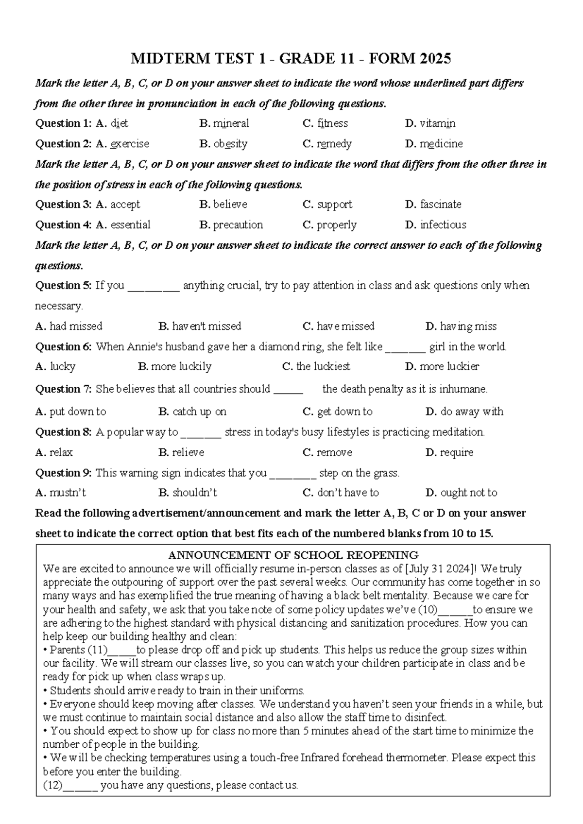MIDTERM TEST 1 GRADE 11 FORM 2025 - Listening & Vocabulary Questions ...
