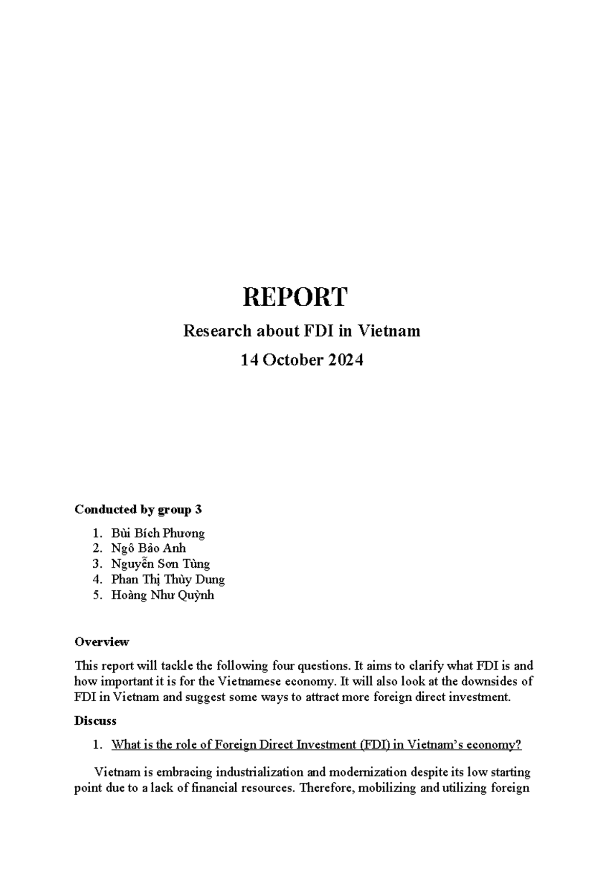 Discuss Foreign Direct Investment (FDI) in Vietnam’s economy-2 - REPORT ...