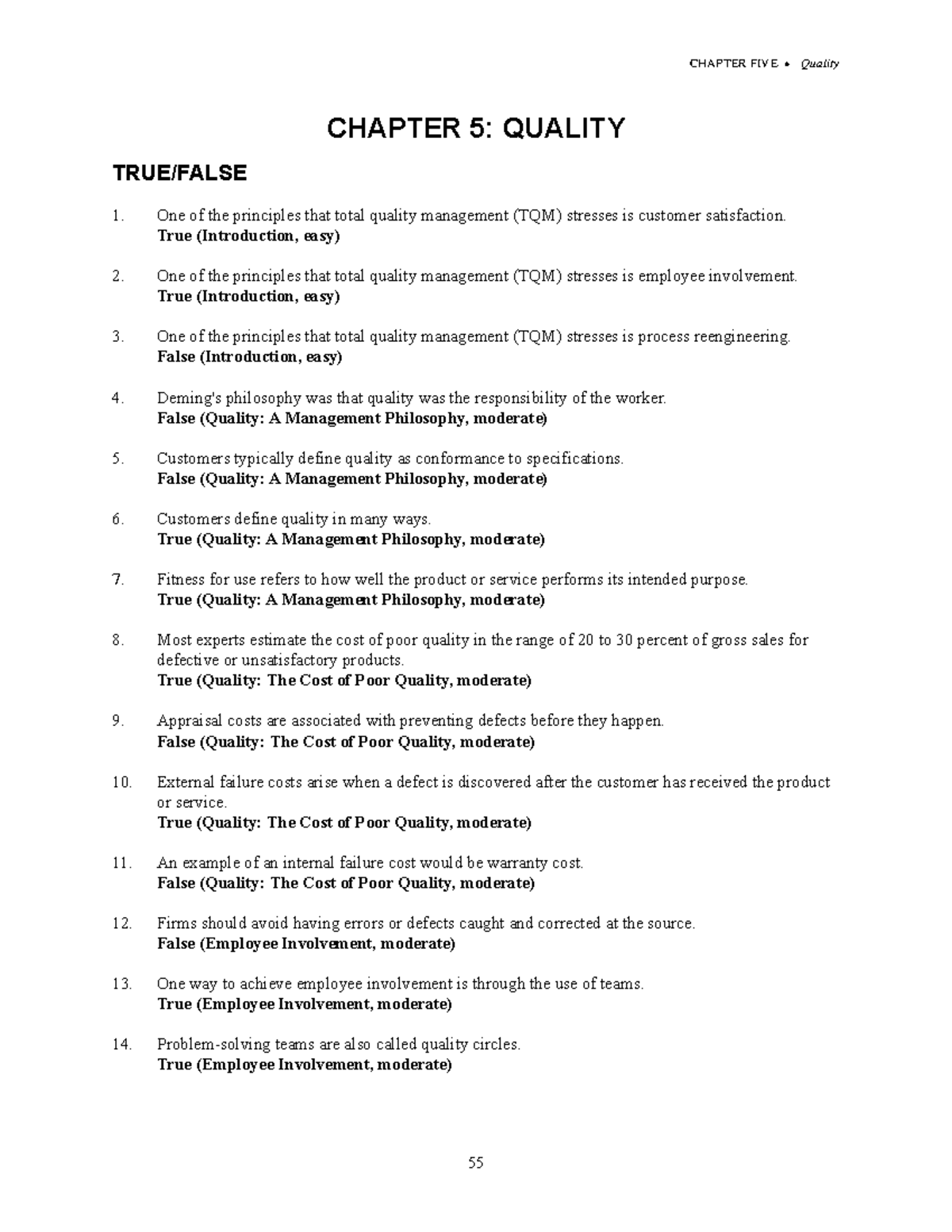 Quality Test Bank 1: Chapter 5 - Total Quality Management Insights ...