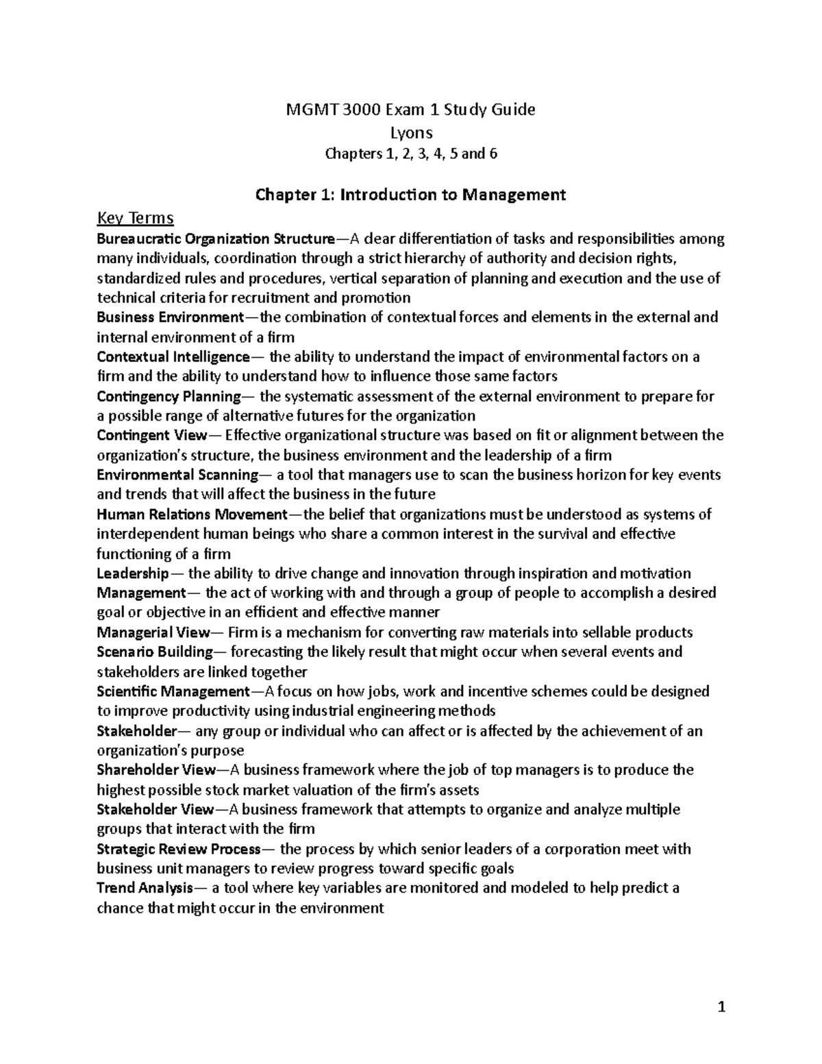MGMT 3000 Exam 1 Study Guide: Key Concepts from Chapters 1-6 - Studocu