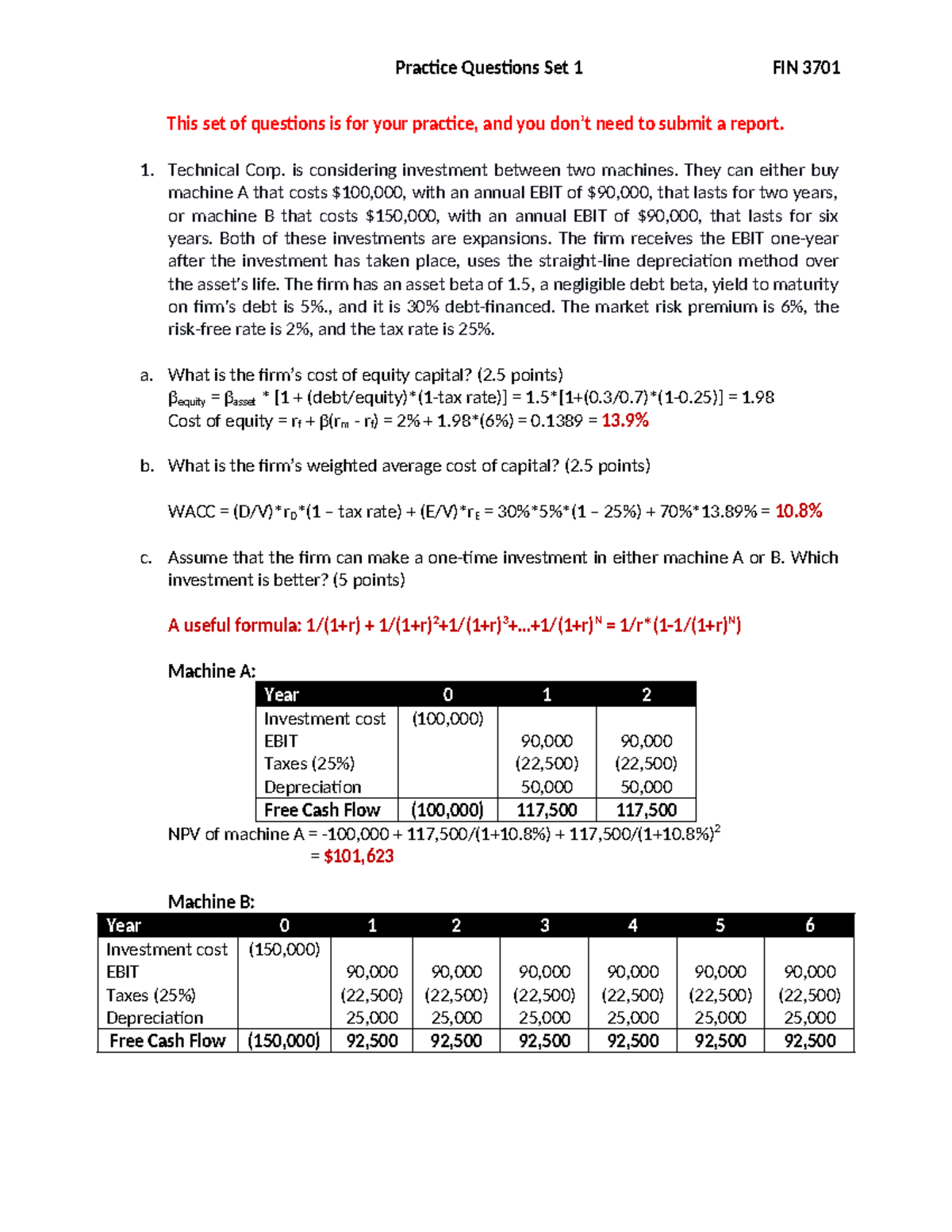 Practice Questions Set 1 for FIN 3701: Investment Analysis and NPV ...