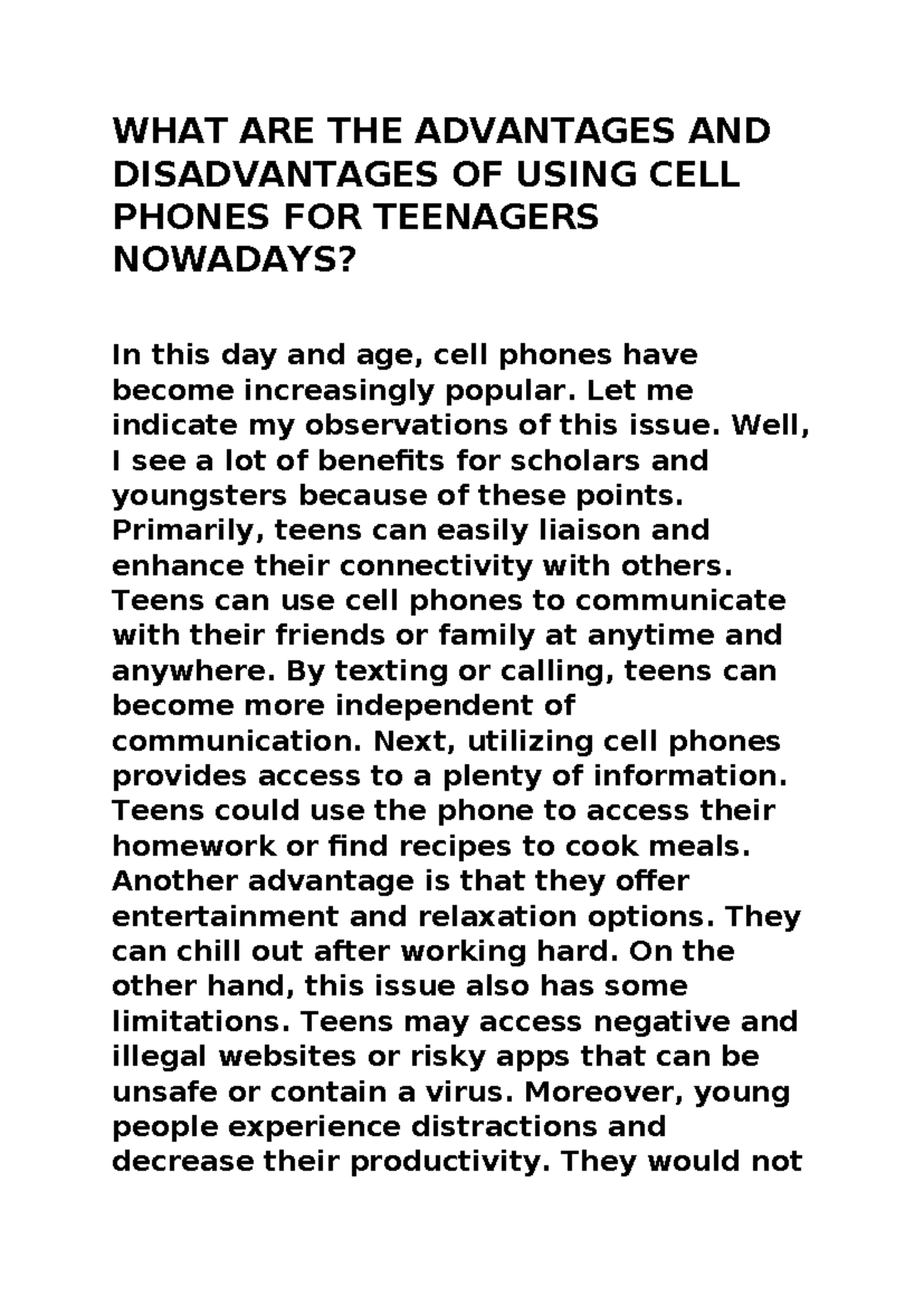 Topic 6 - Advantages and Disadvantages of Cell Phones for Teens - Studocu