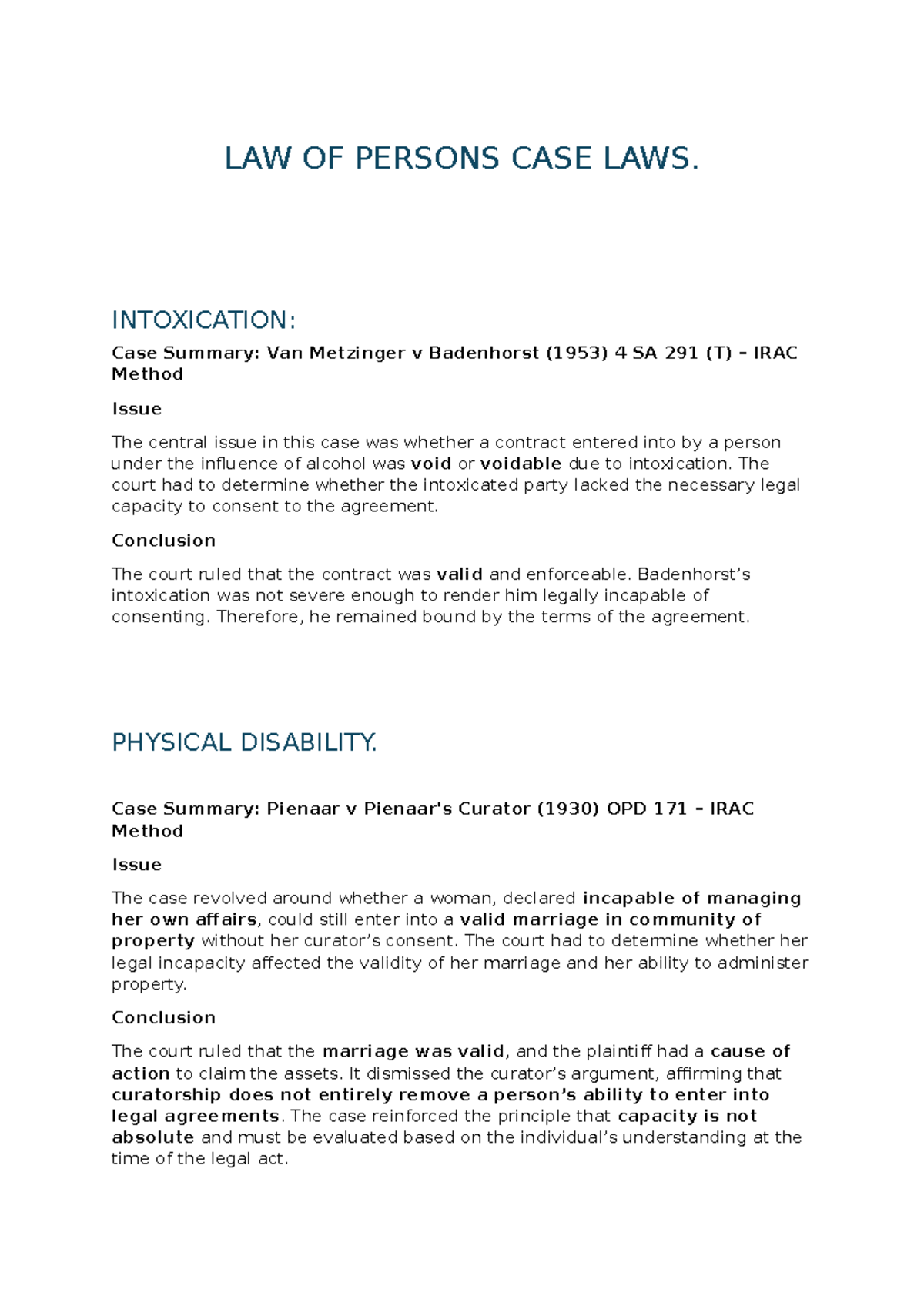 LAW OF PERSONS: Key Case Summaries and Legal Principles - Studocu