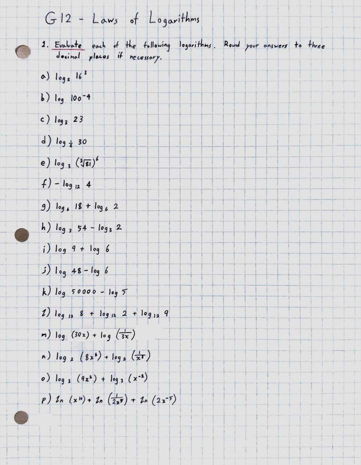 G12 - Laws of Logarithms: Exercises and Solutions - Studocu