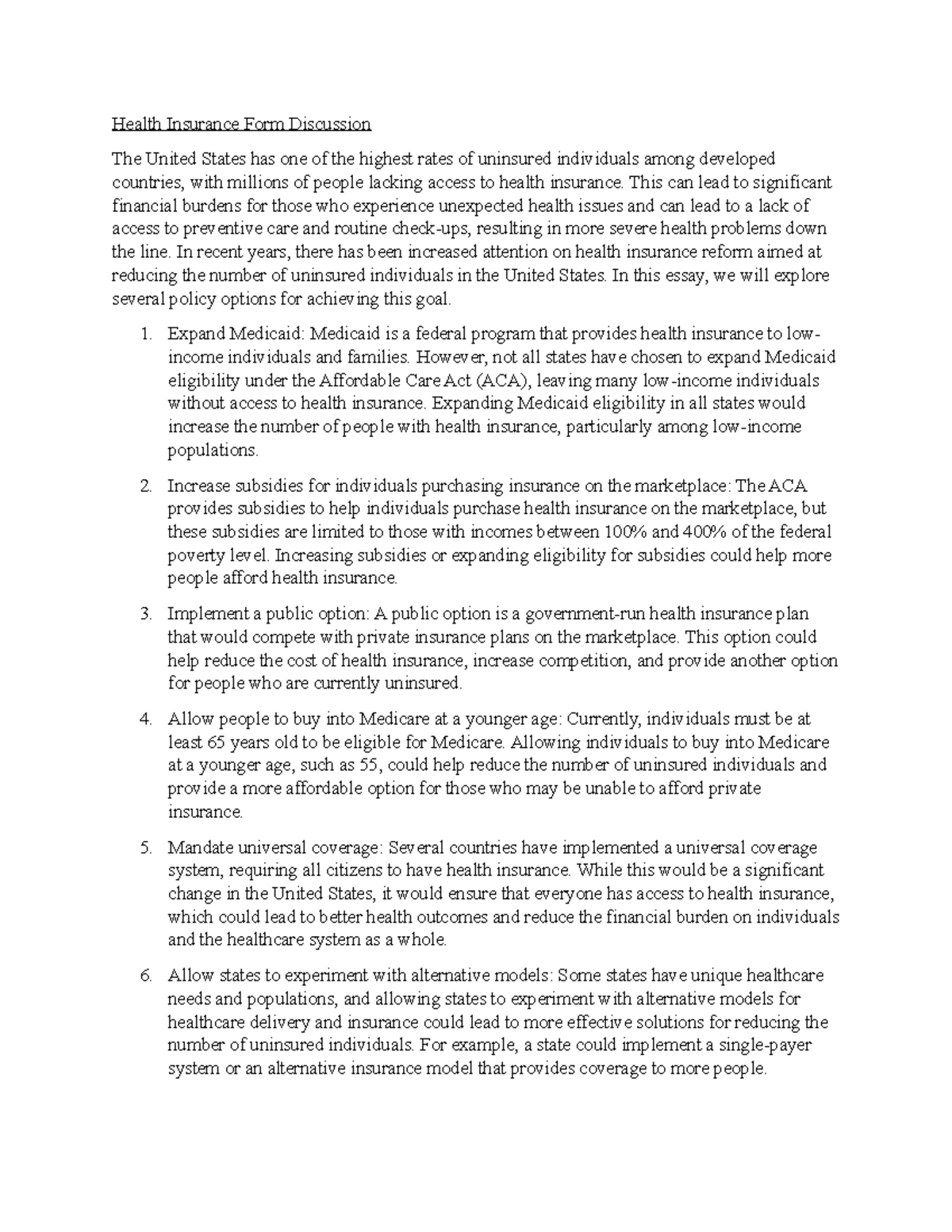 Health Insurance Form Discussion - This can lead to significant ...
