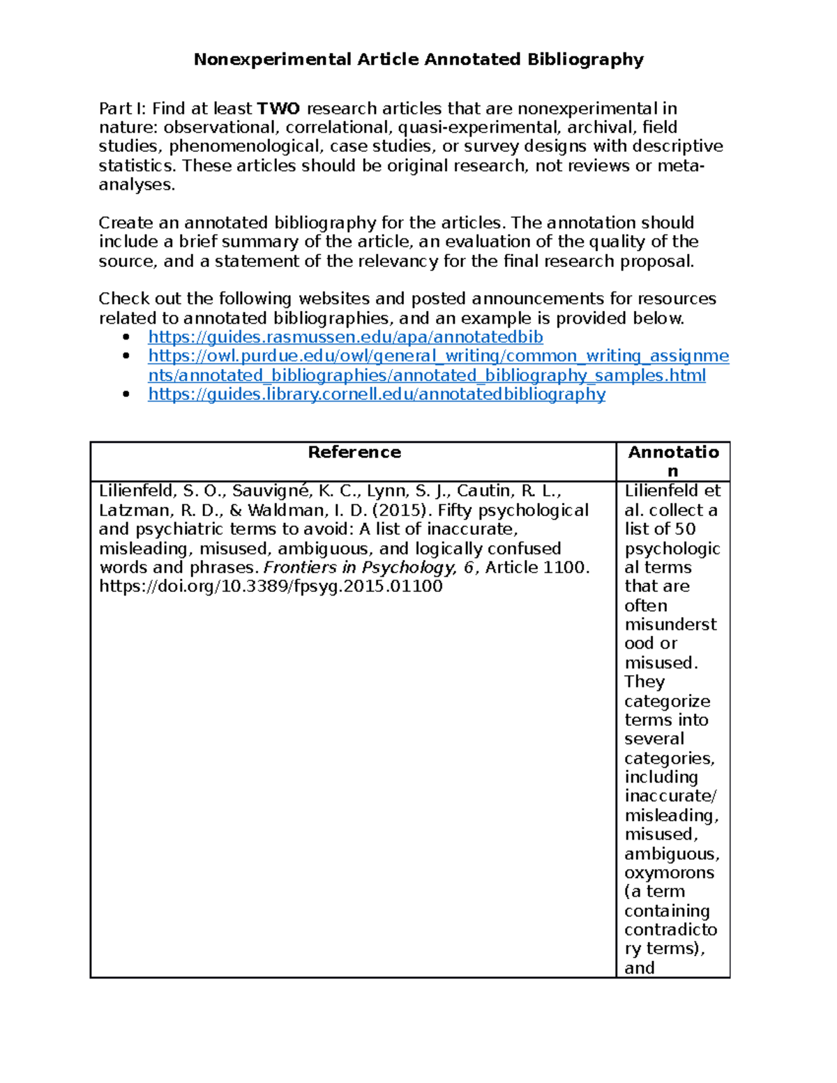 PSY 452 RS Annotated Bibliography Worksheet - Part I: Find at least TWO ...