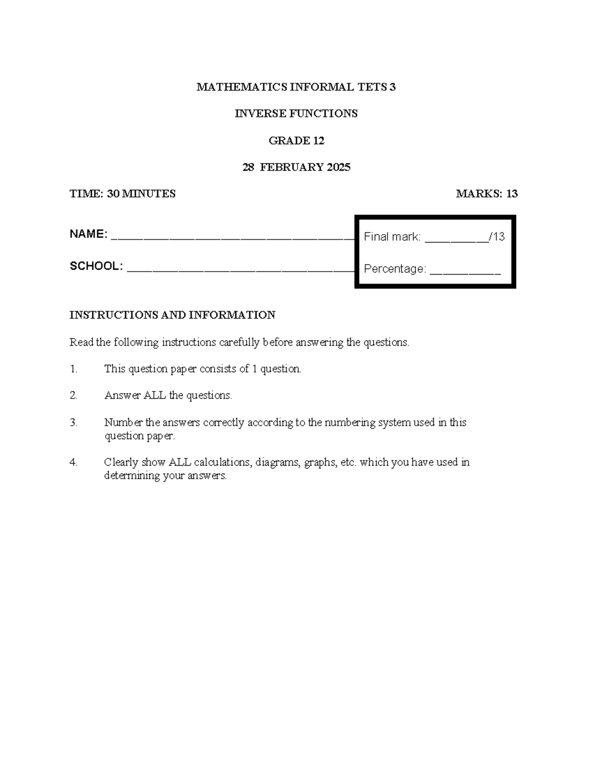 Mathematics Informal Test 3 - Inverse Functions (Grade 12) - Studocu