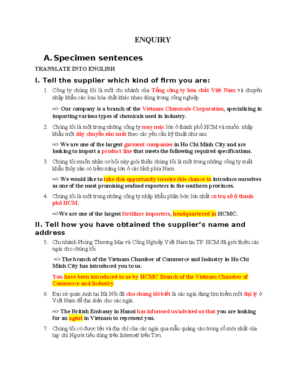ENQUIRY A: Specimen Sentences for Business Communication in English ...