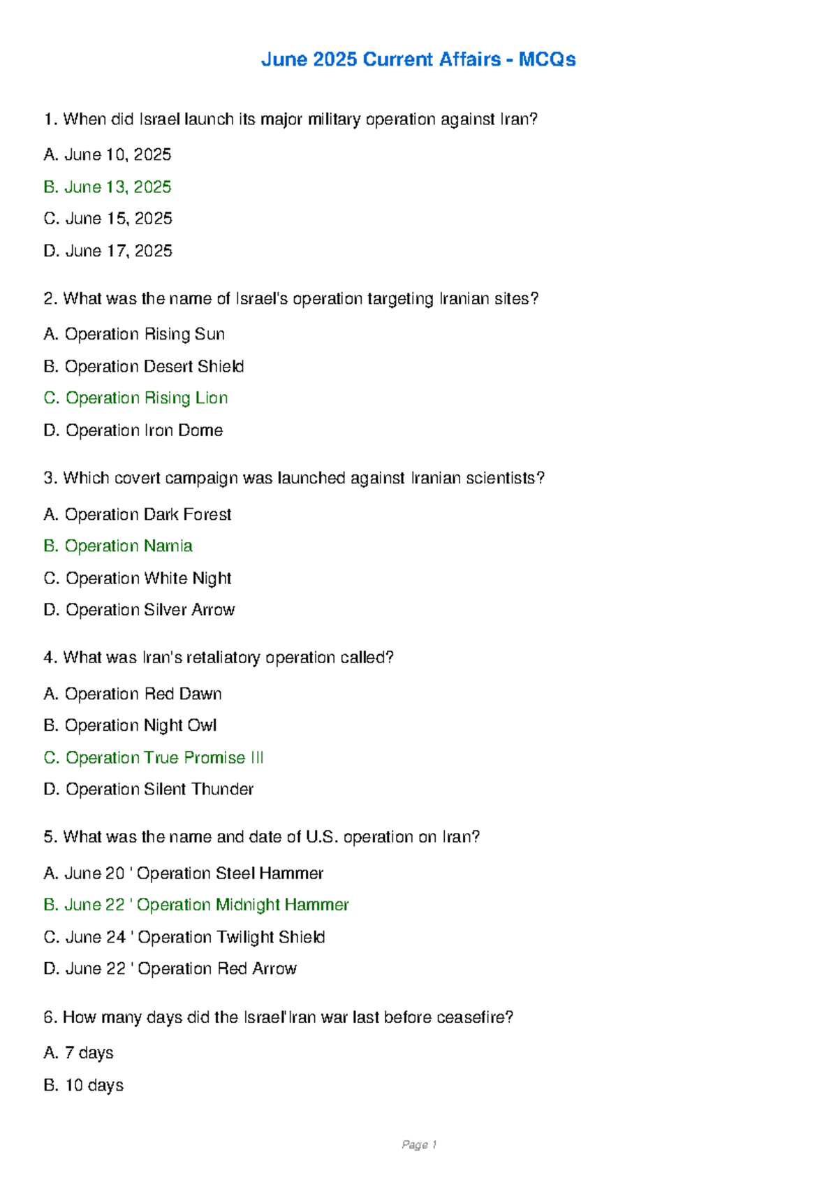 June 2025 Current Affairs MCQs: Key Questions and Answers - Studocu