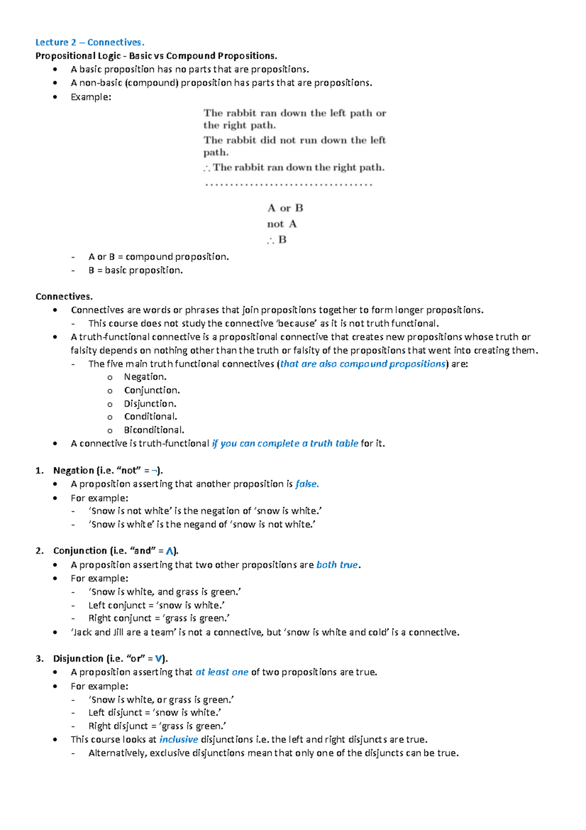 PHIL1012 Lecture 2 Notes: Connectives and Propositional Logic - Studocu