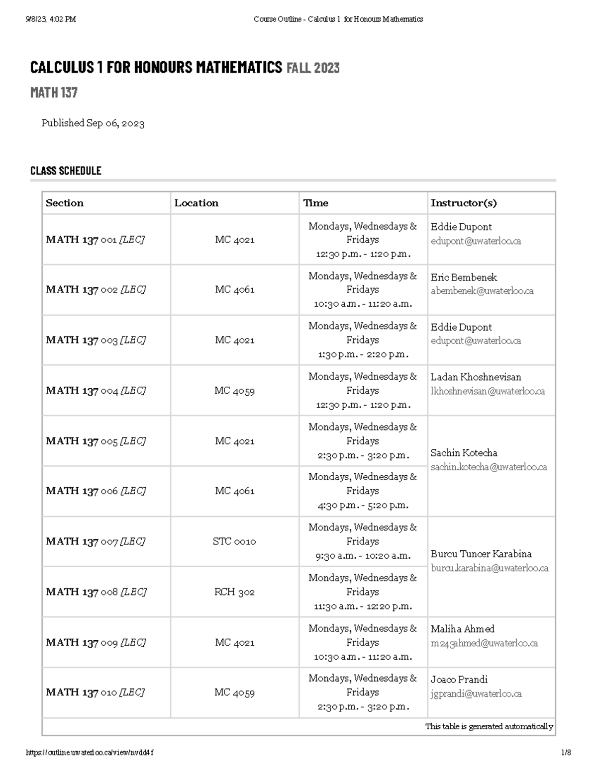 MATH 137 Course Outline - Calculus 1 for Honours Mathematics Fall 2023 ...