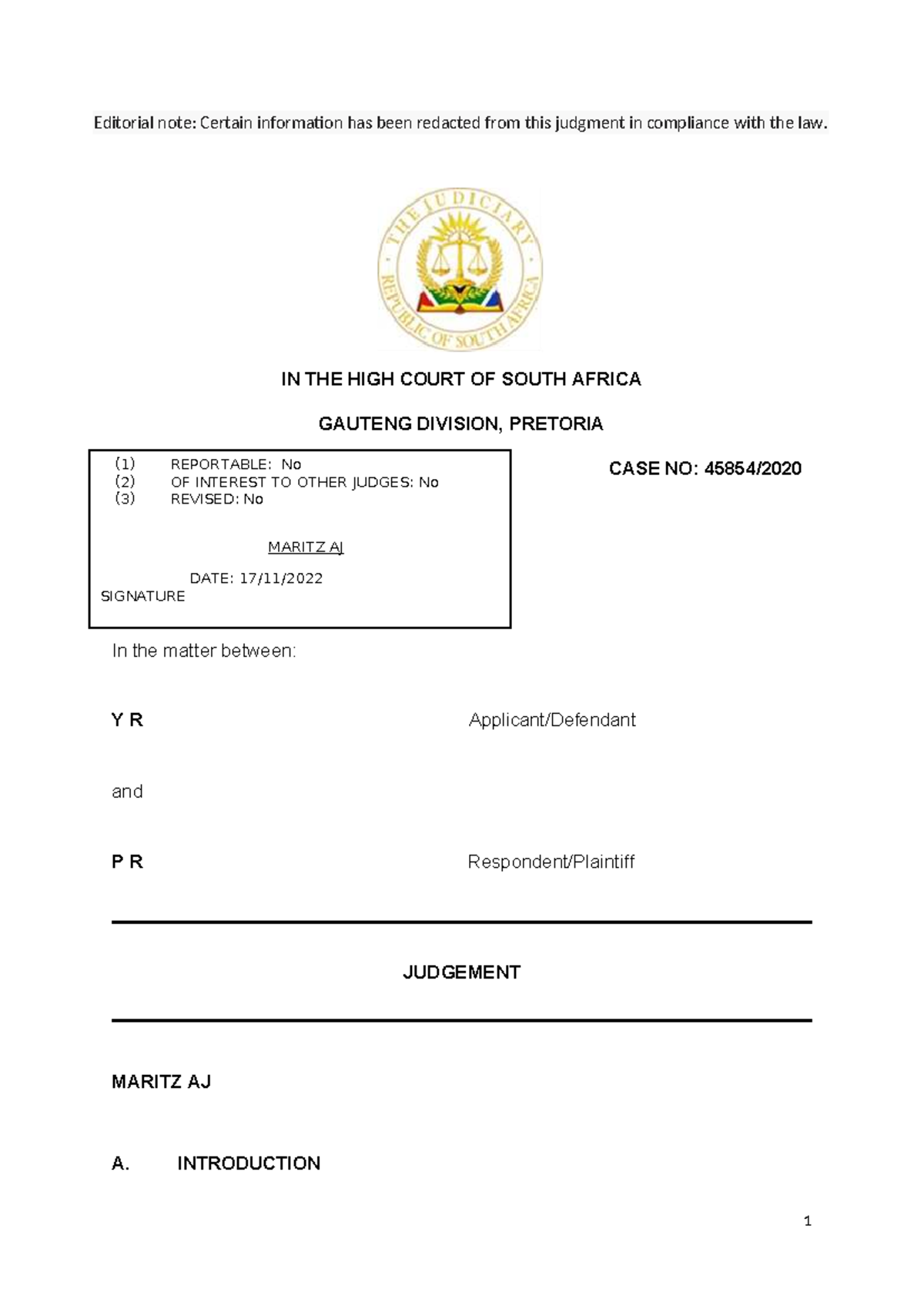Judgment Analysis: YR v PR (45854/2020) - Rule 35(3) Compliance - Studocu