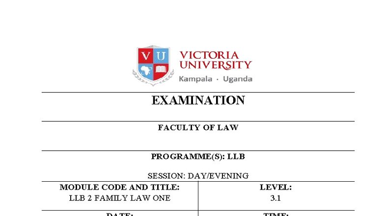 Family Law Exam - LLB 2 Module Code: Family Law One (Dec 2025) - Studocu