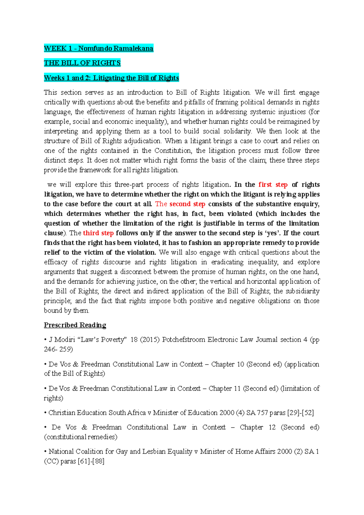 CON LAW 2: WEEK 1 LECTURE NOTES ON BILL OF RIGHTS ADJUDICATION - Studocu