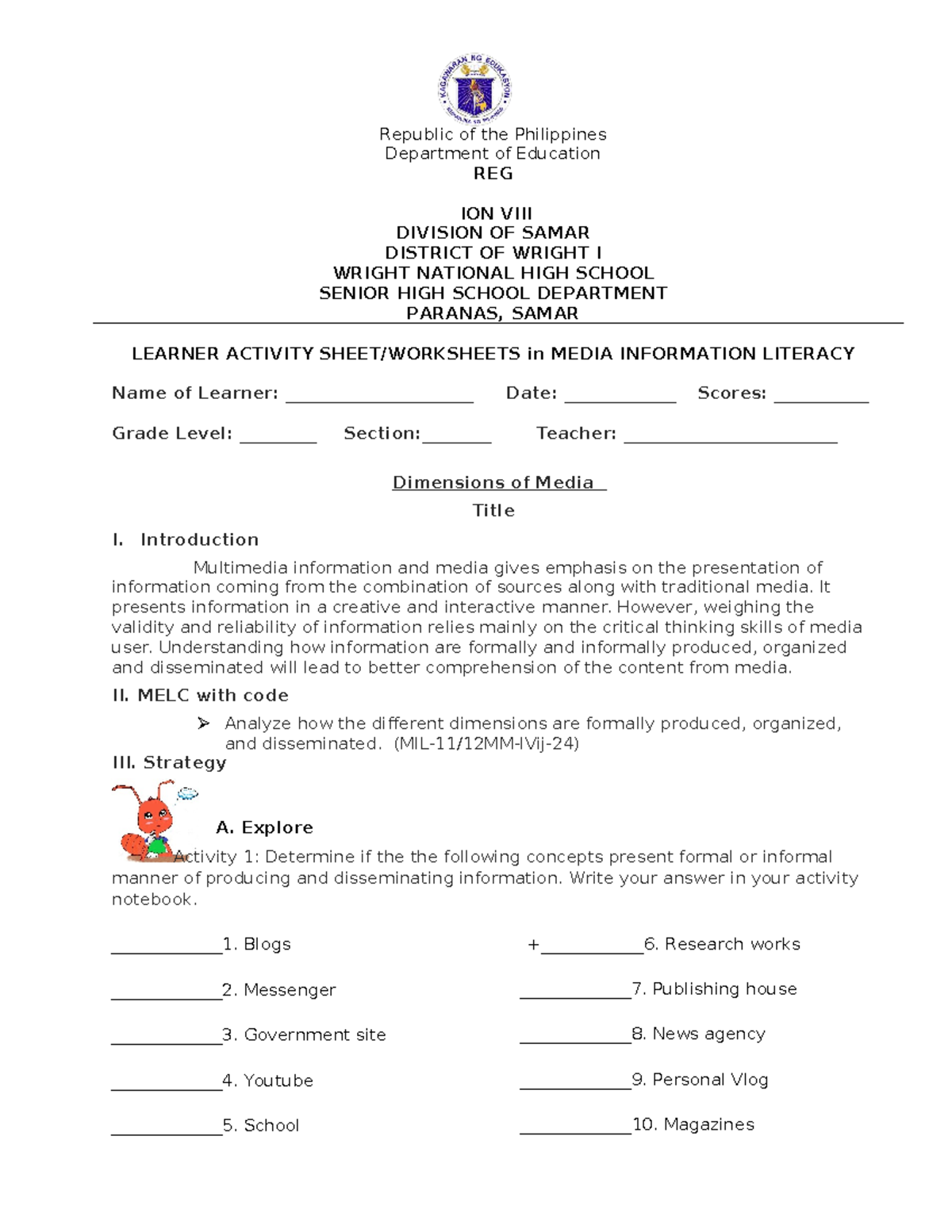 Media Information Literacy Activity - Wright NHS Senior High School ...