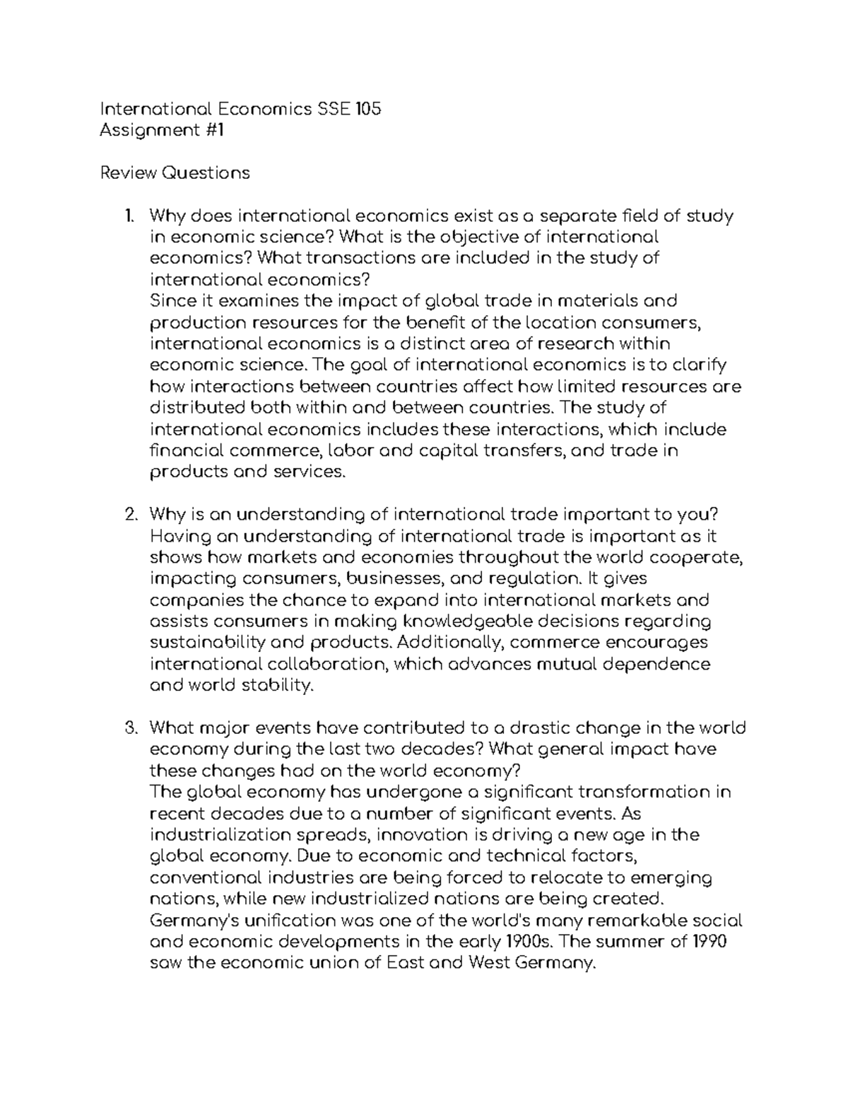 International Economics SSE 105 Assignment: Key Review Questions - Studocu
