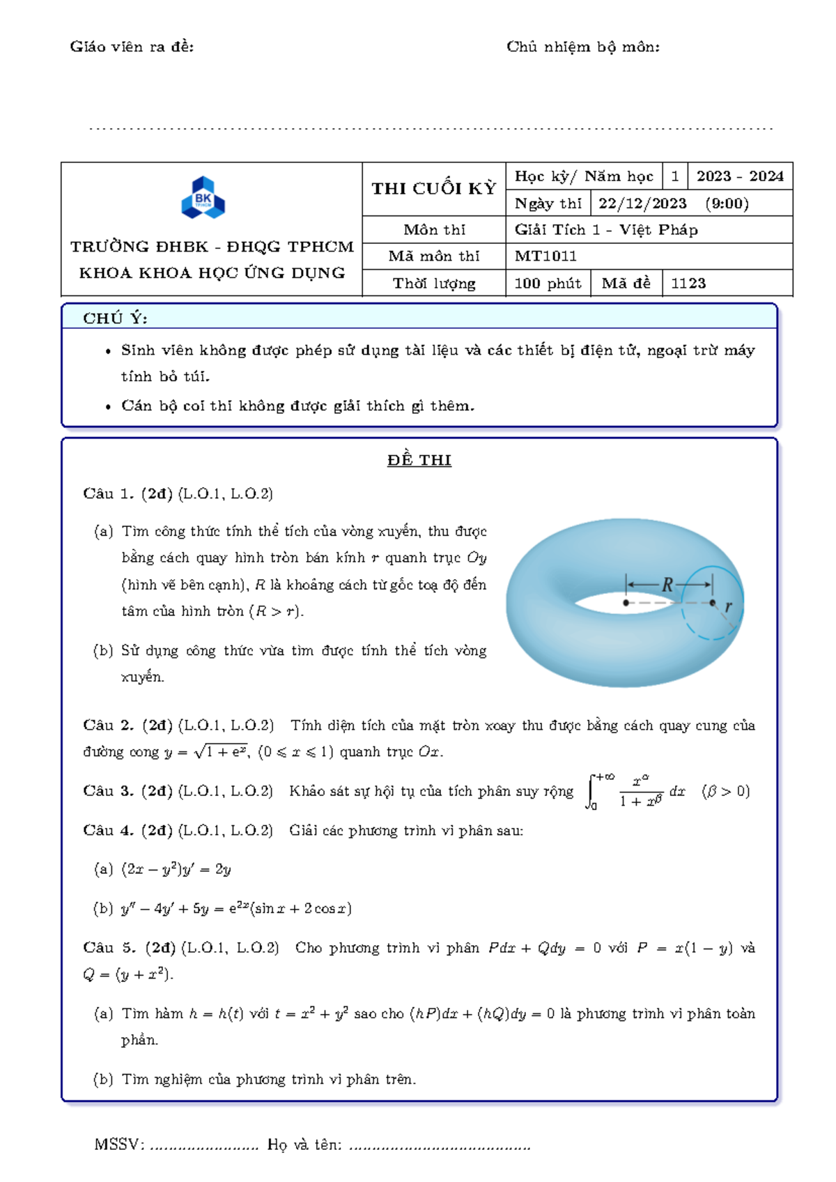 HK231 CK - Final Exam Giải Tích 1 - Học kì 1, Năm học 2023-2024 - Studocu