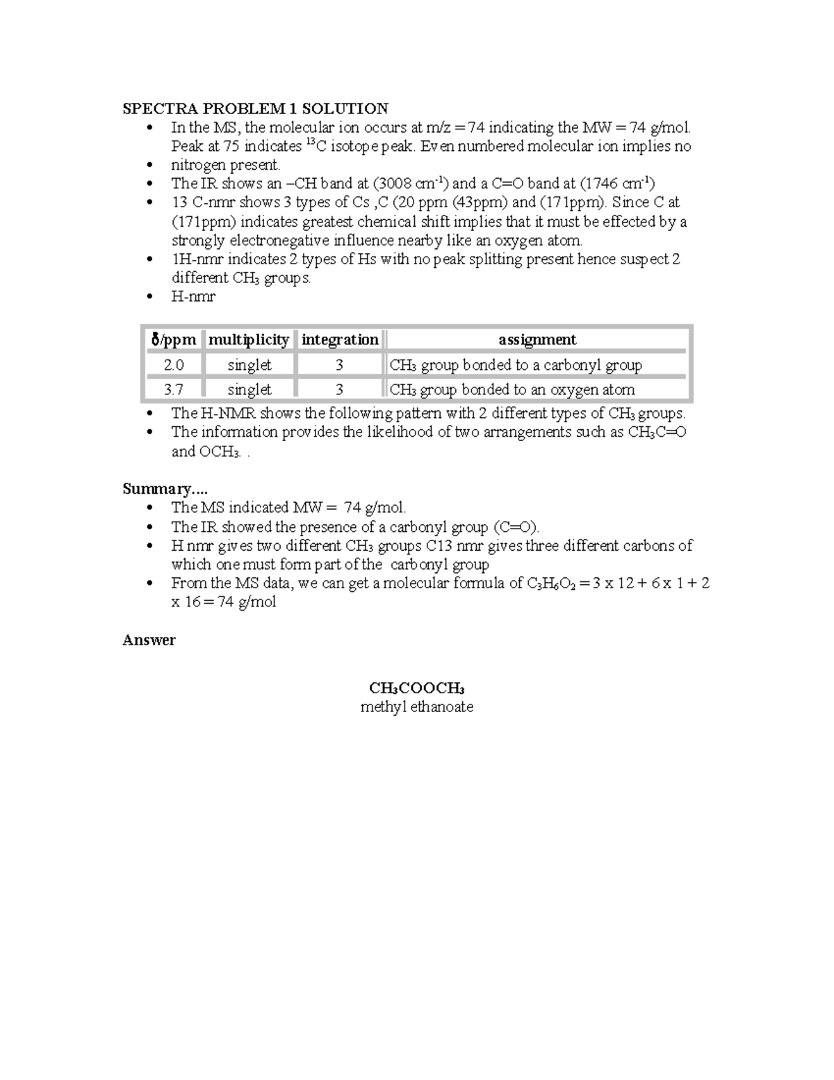SPECTRA PROBLEM 1 SOLUTION - MS, IR, and NMR Analysis - Studocu