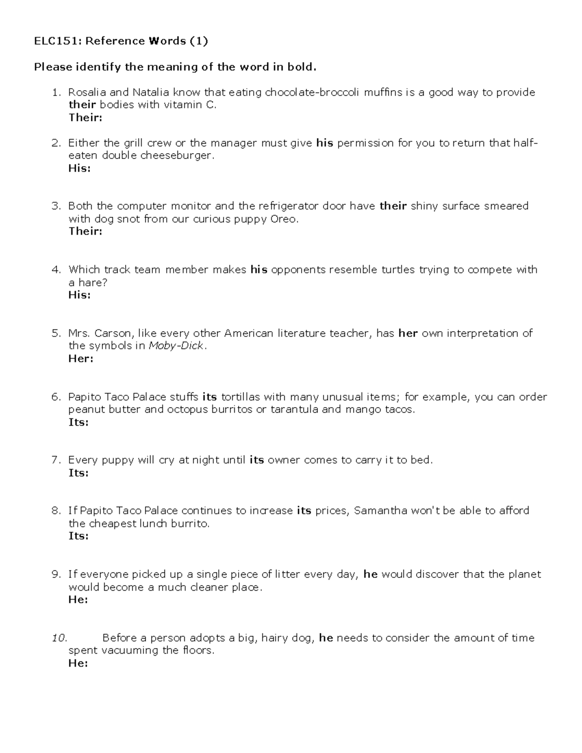 Reference Words Practice for Reading - ELC151: Reference Words (1 ...