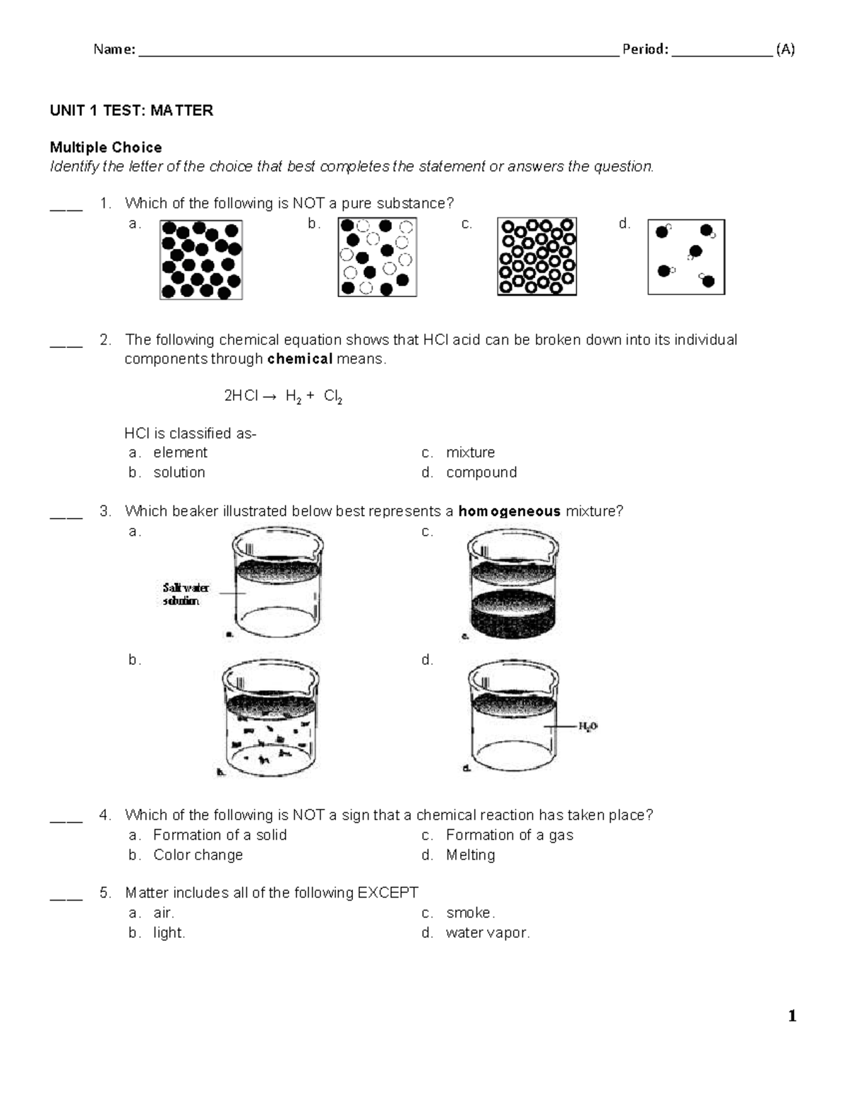 2015 CHEM 101 UNIT 1 TEST: MATTER Multiple Choice Questions - Studocu