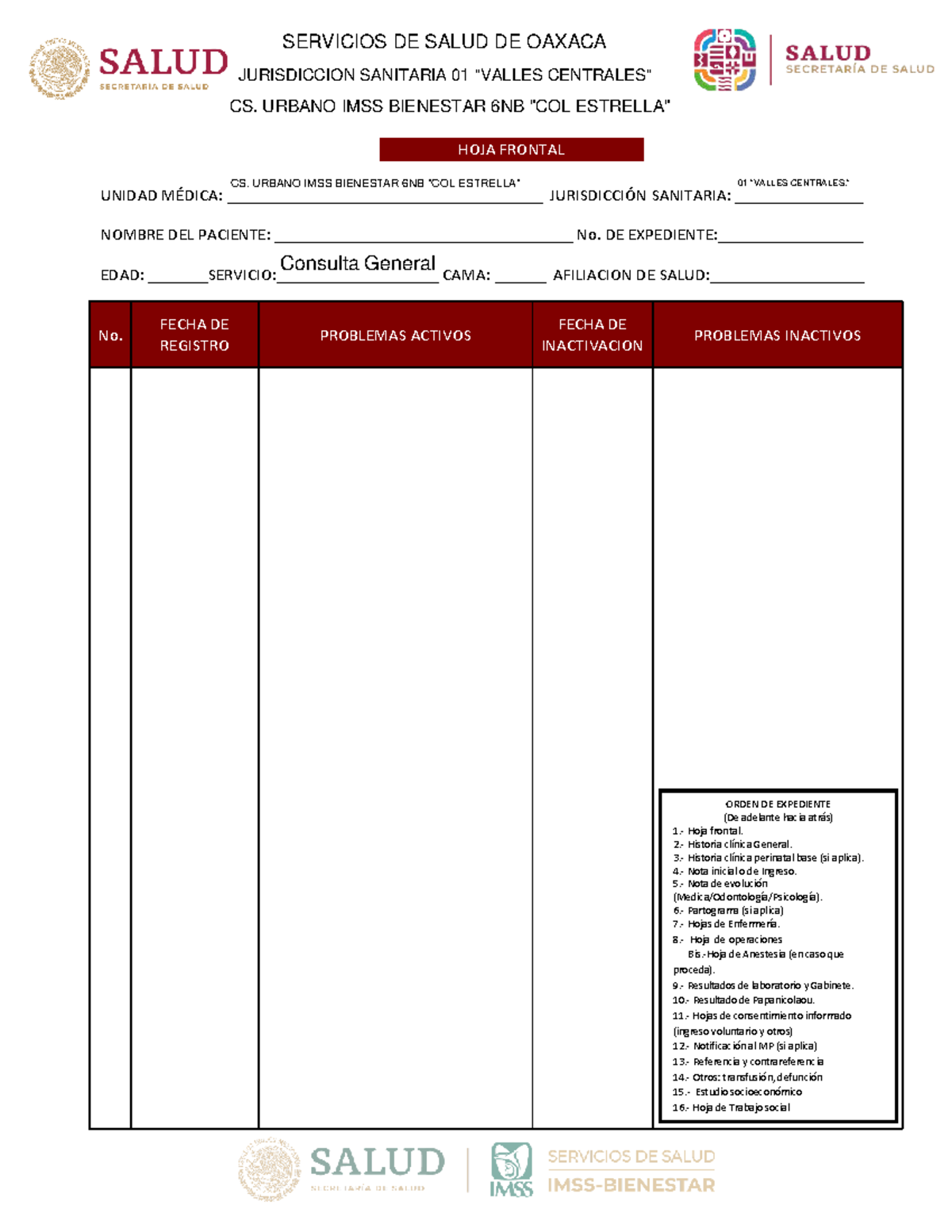 Formatos de Salud IMSS Bienestar 2025 - CS. Urbano 6NB - Document Preview