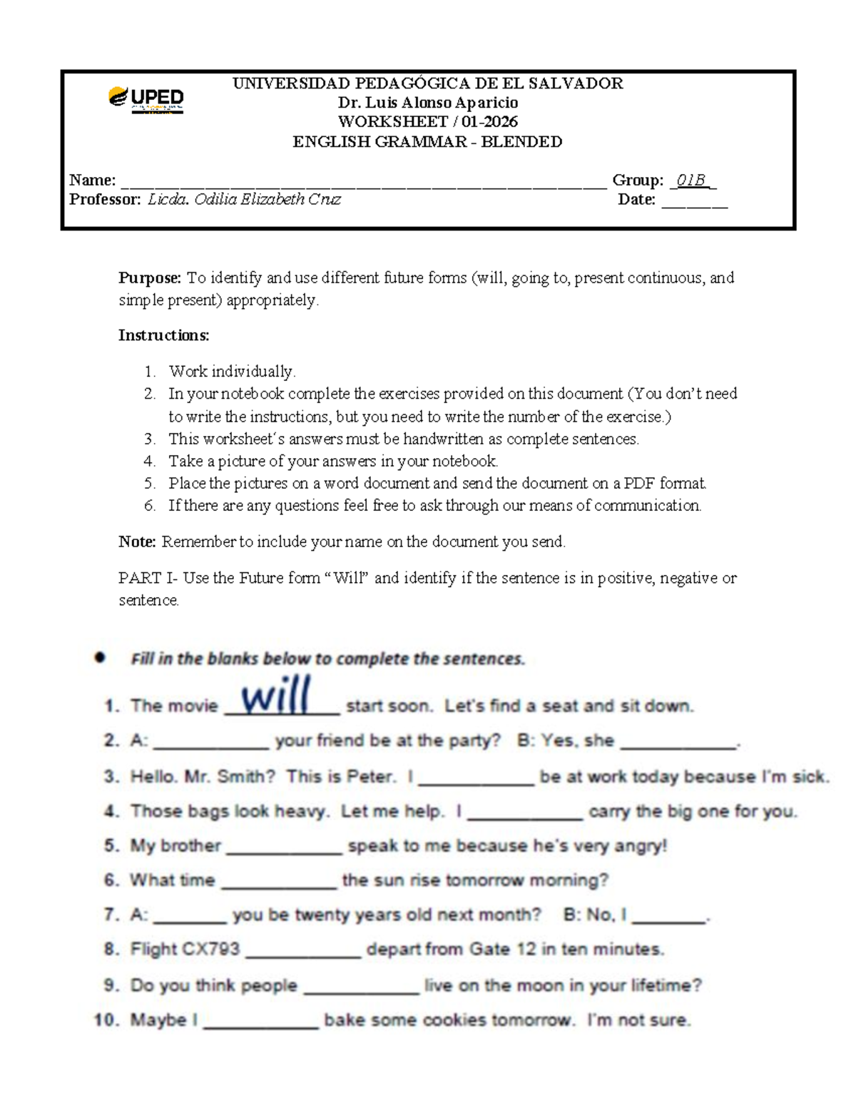 English Grammar 01B Worksheet: Future Forms Exercise - Studocu