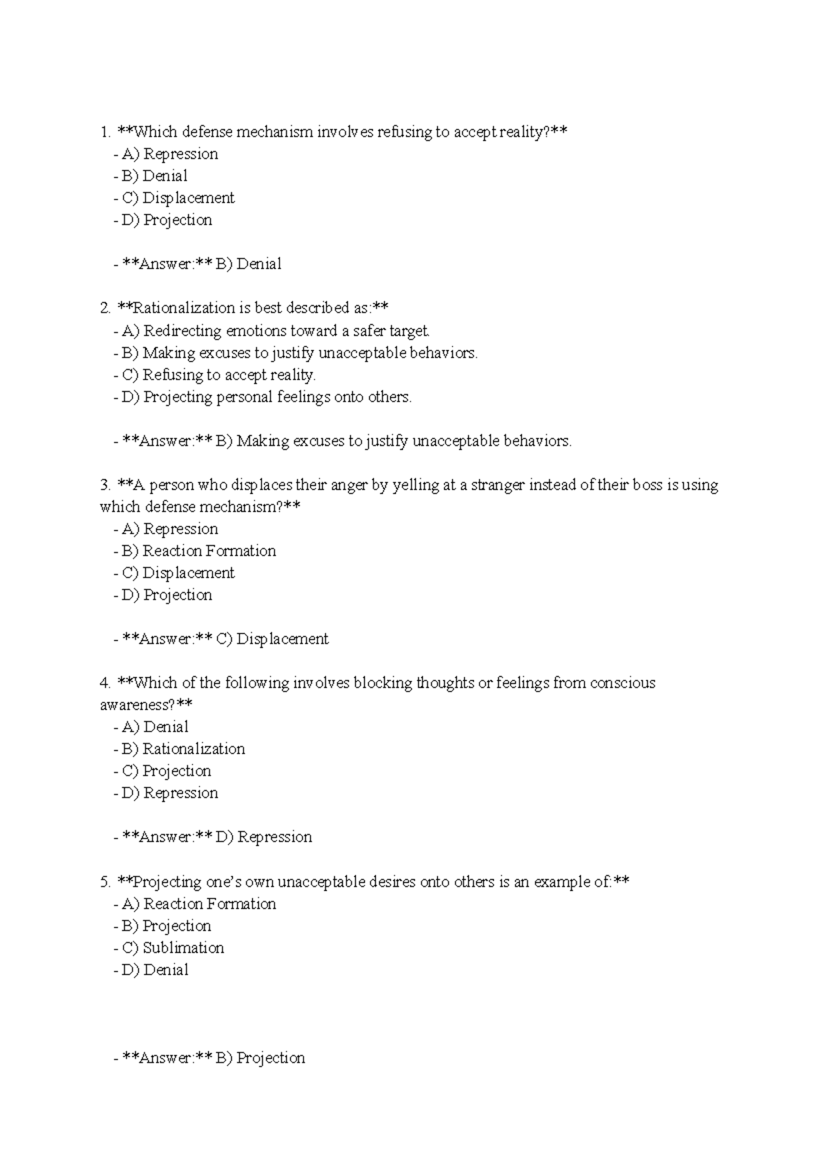 Psychology Mock Exam - Defense Mechanisms Overview (PSY101) - Studocu
