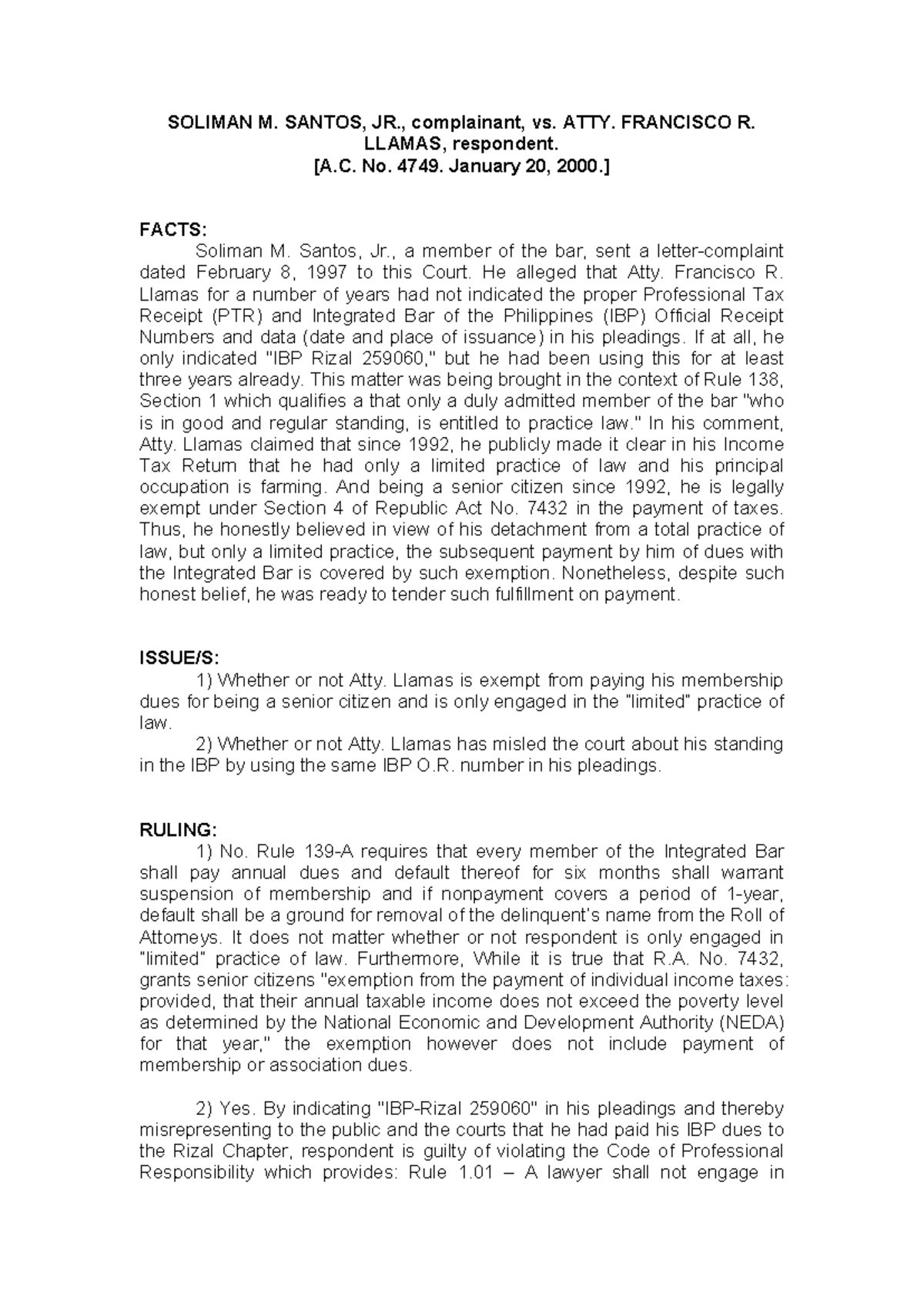 Soliman Santos vs. ATTY. Francisco Llamas Case Digest - SOLIMAN M ...