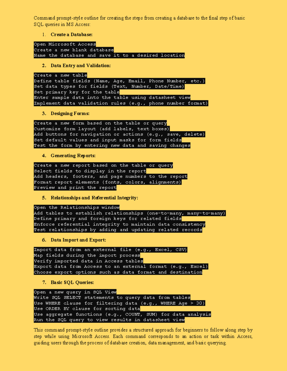 MS Access Outline: Command Prompt Guide for DB Creation & SQL Queries ...