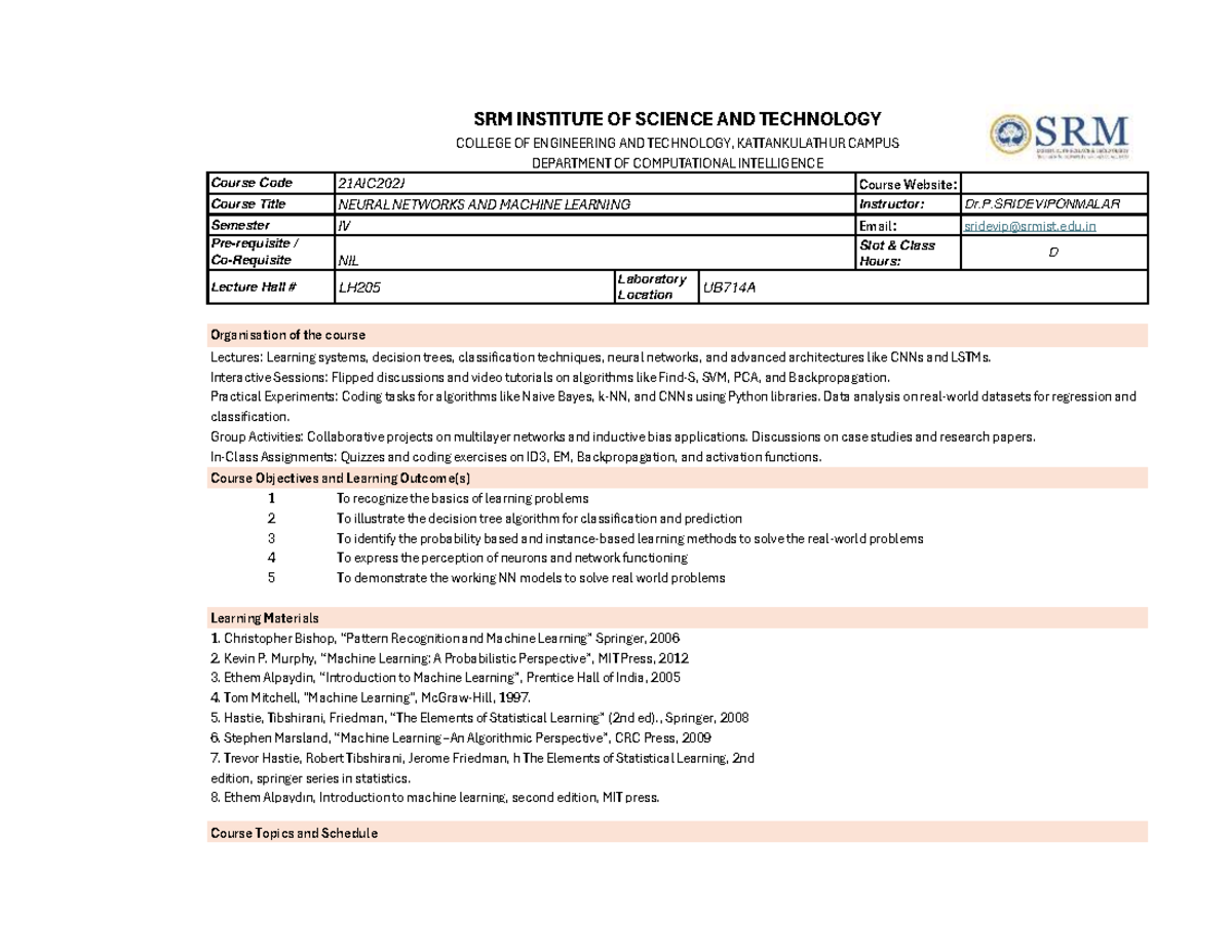 NNML 21AIC202J Course Handout - Jan 2025 - Neural Networks Overview ...