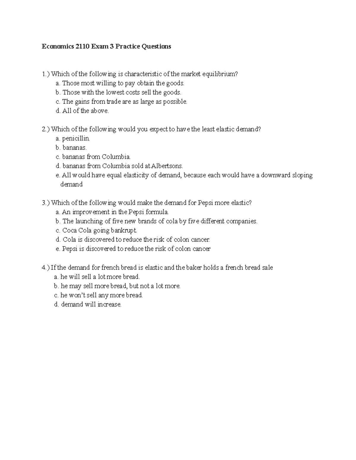 Economics 2110 Exam 3 Practice Questions Guide - Studocu