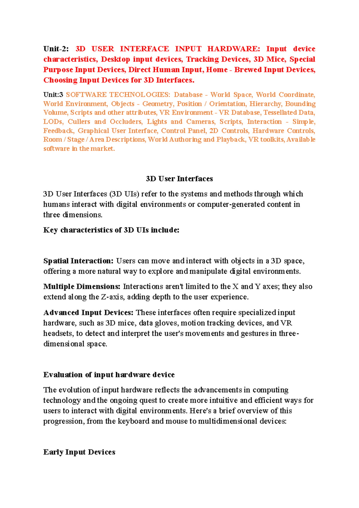 Unit 2 & 3 Notes on 3D User Interfaces and Software Tech - Studocu