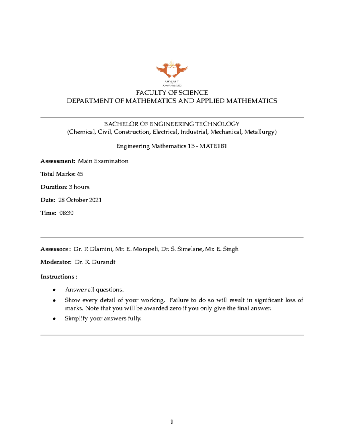 MATE1B1 Main Exam Practice Material for Engineering Mathematics 1B ...