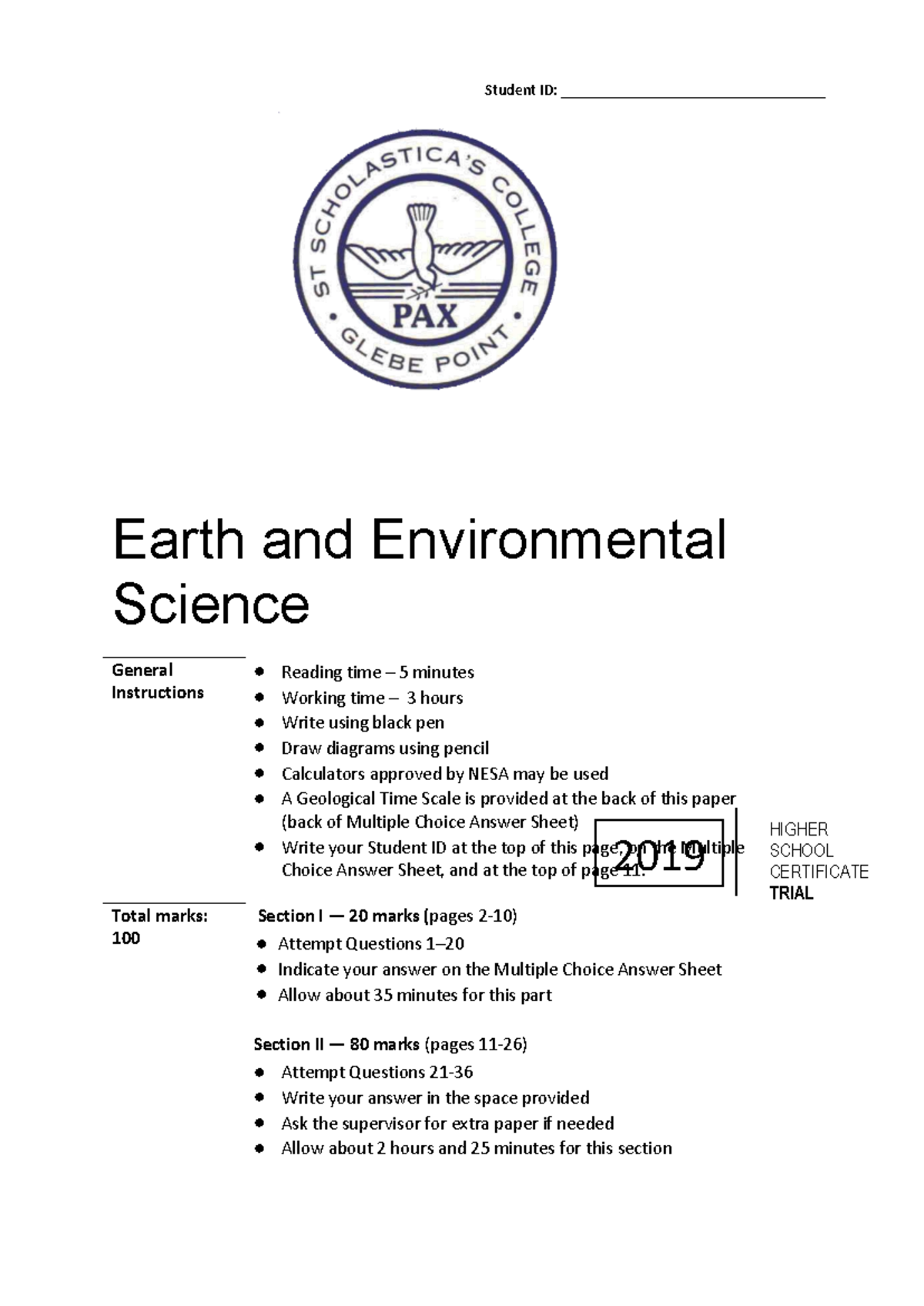 2019 HSC Trial: Earth and Environmental Science Exam Instructions - Studocu