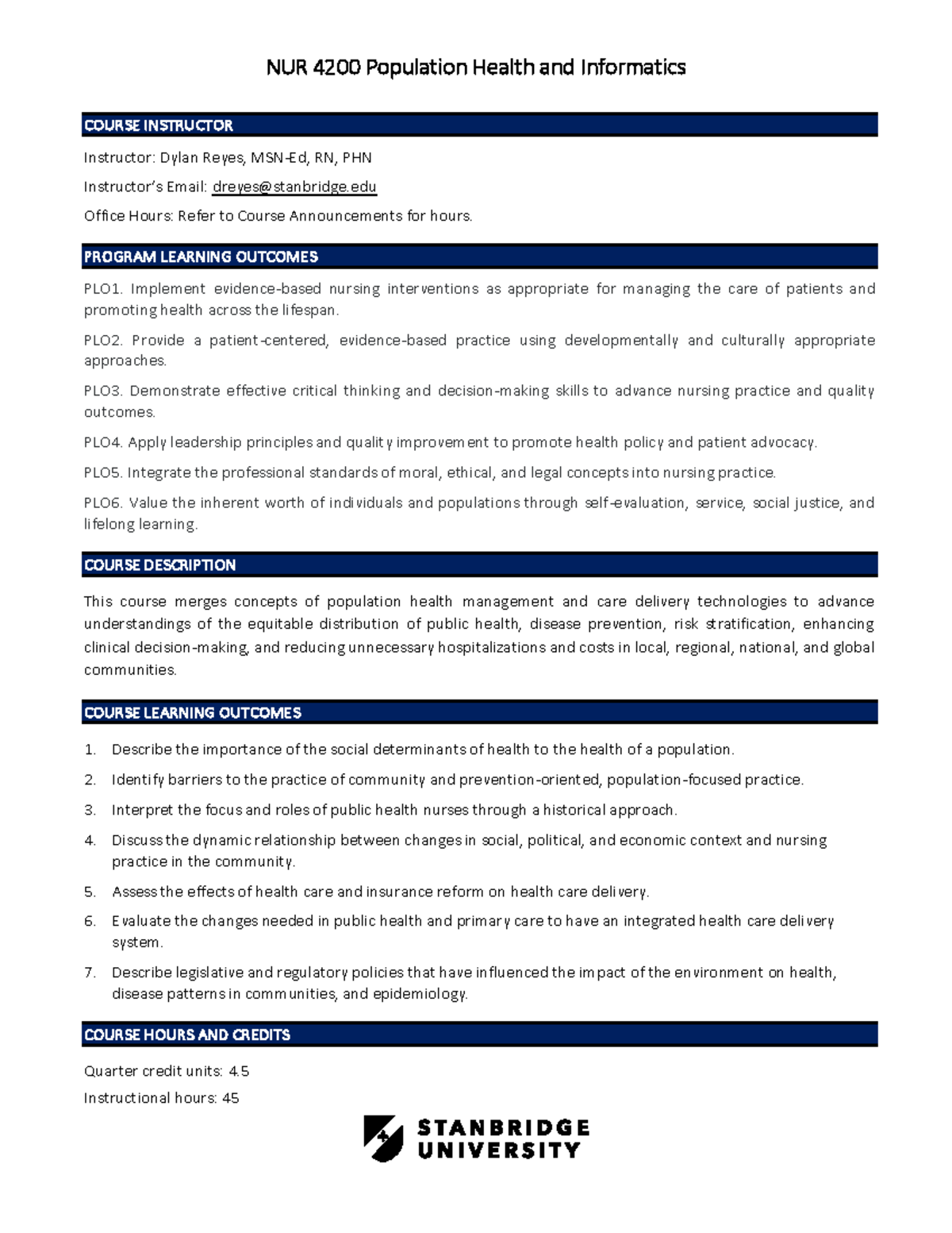 NUR 4200 Population Health & Informatics Course Syllabus Overview - Studocu