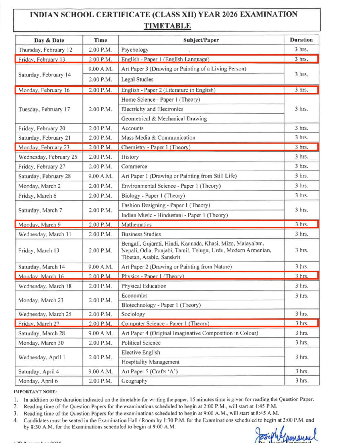 ISC Class XII 2026 Examination Timetable and Guidelines - Studocu