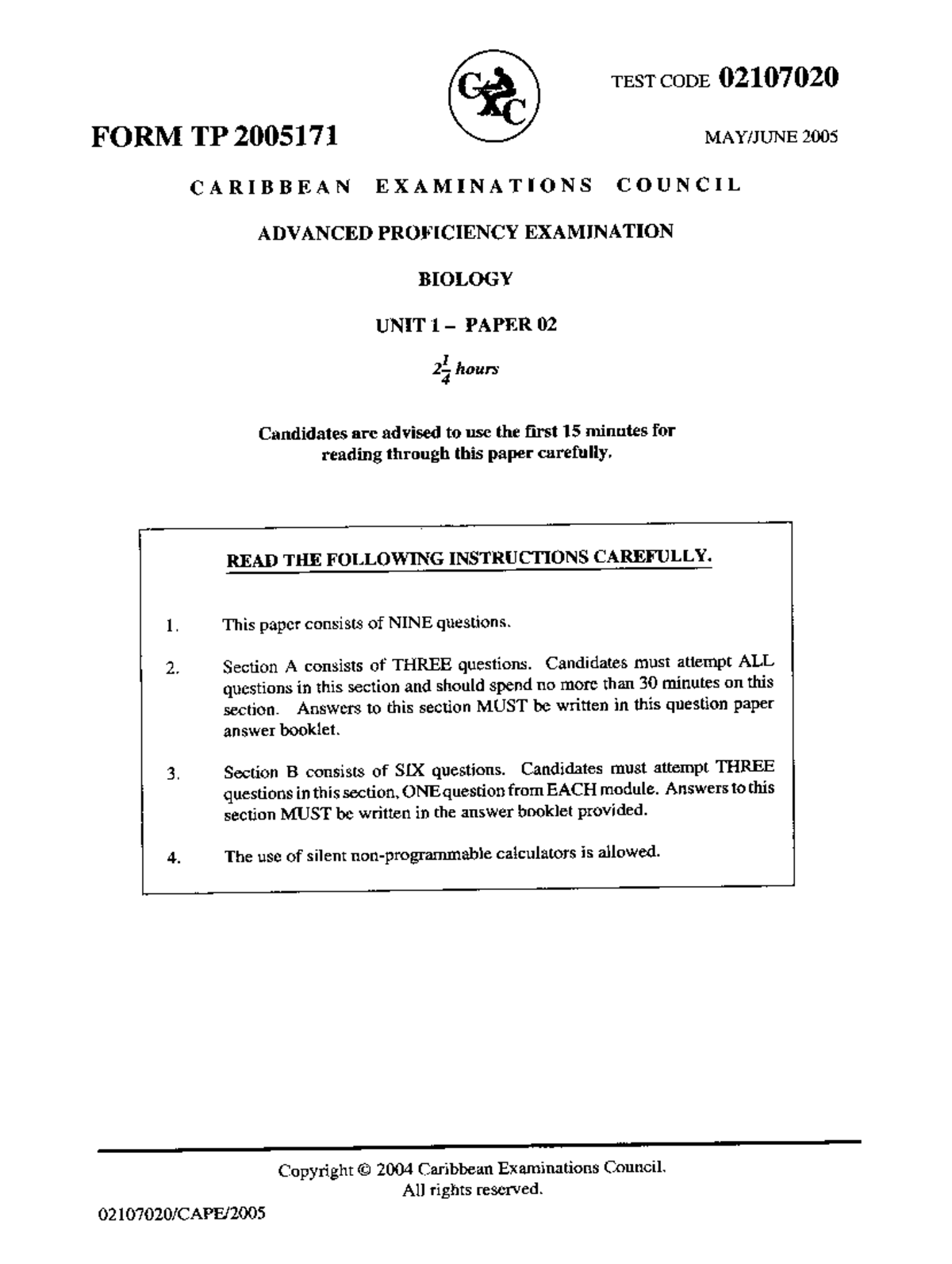 CAPE Biology 2005 Unit 1 Paper 2 Exam Questions and Instructions - Studocu